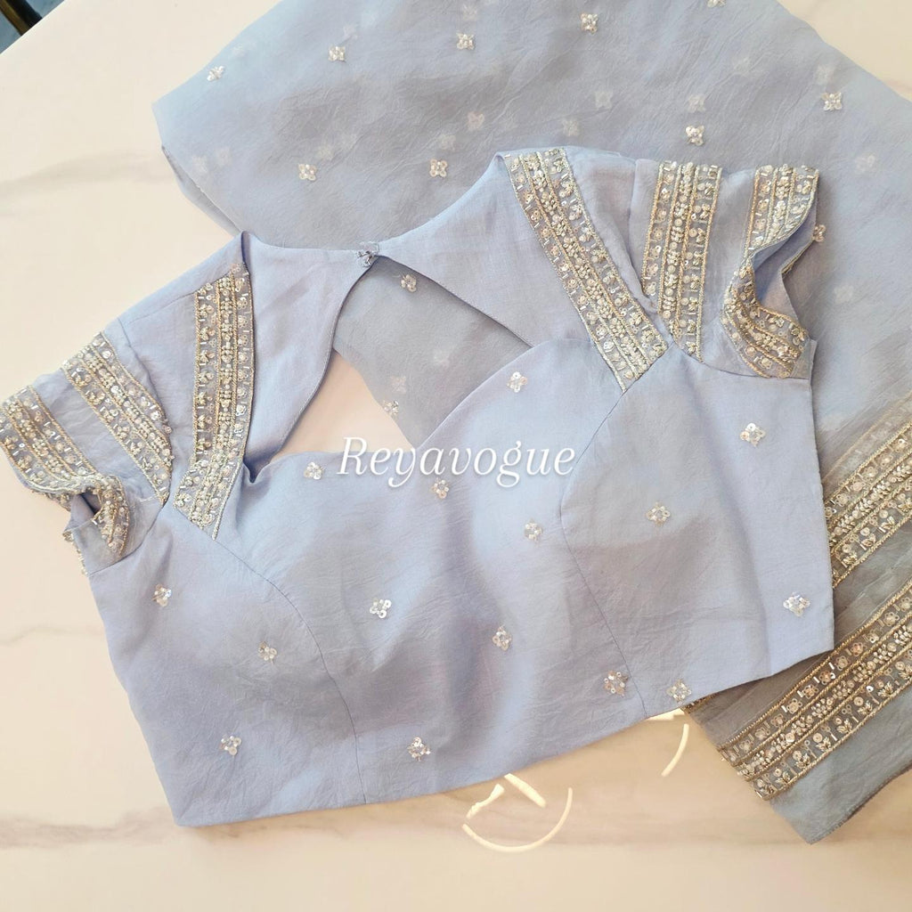 Womens Lightweight Organza Saree With Cutdana Border and Designer Blouse