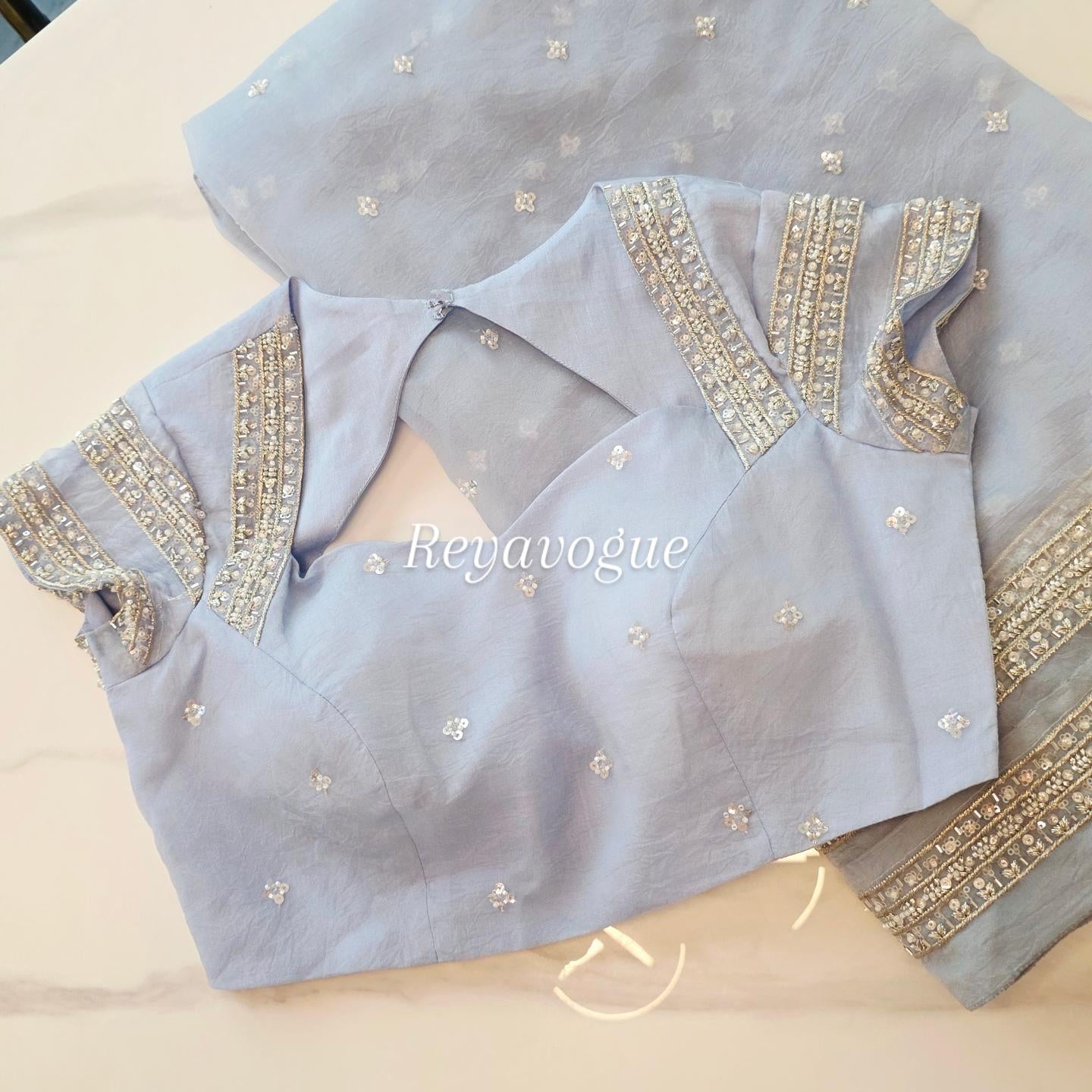 Womens Lightweight Organza Saree With Cutdana Border and Designer Blouse