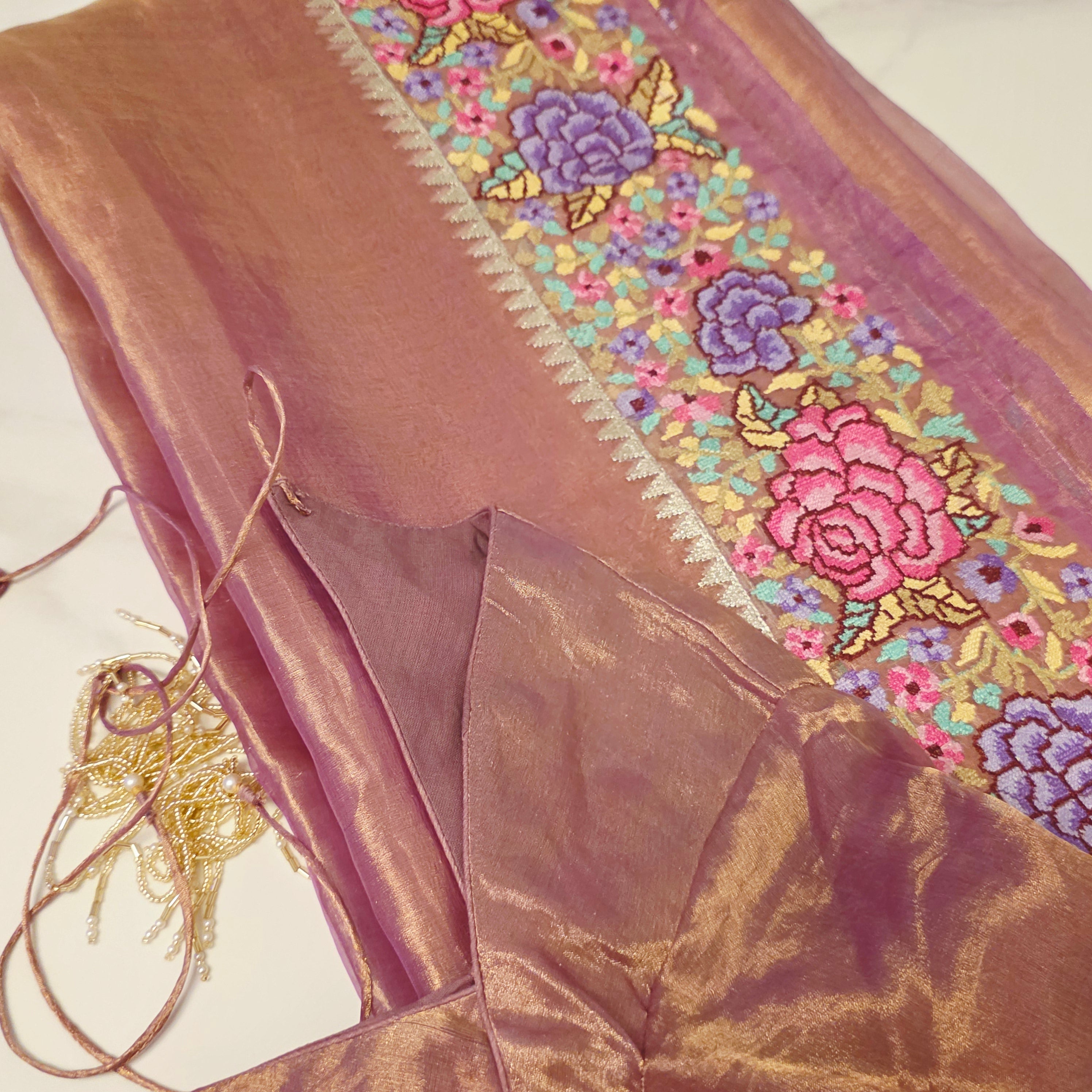 Pure Banaras Gold Tissue Saree With Petitepoint Work