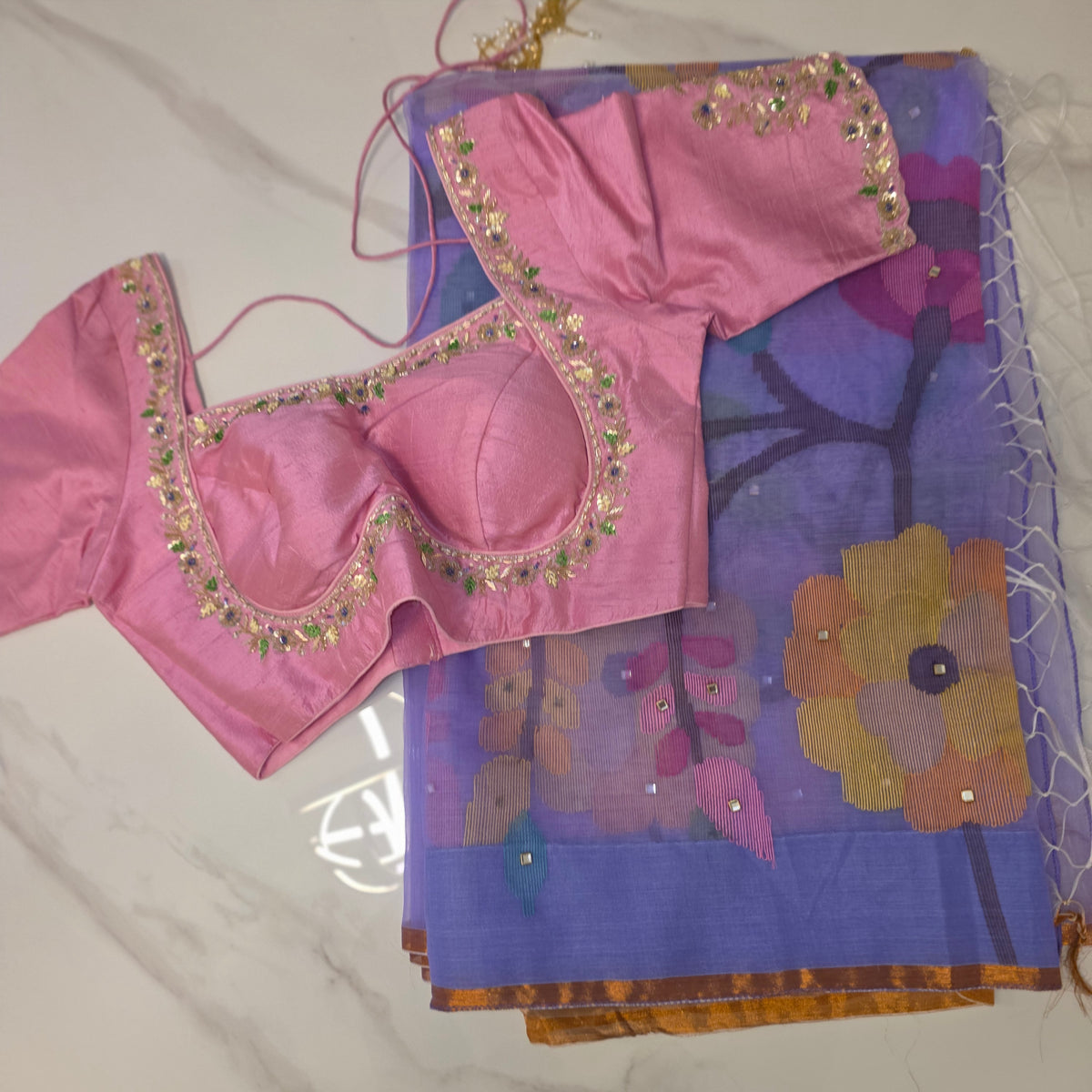 Womens Muslin Jamdani Saree with Kundan Highlights and designer blouse