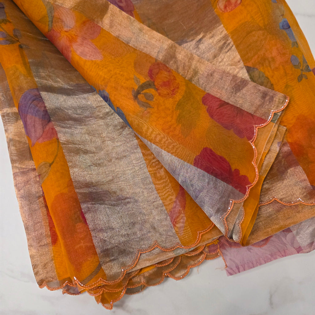 Latest Pure Organza Orange Colour Saree With Stripes with Heavy Blouse