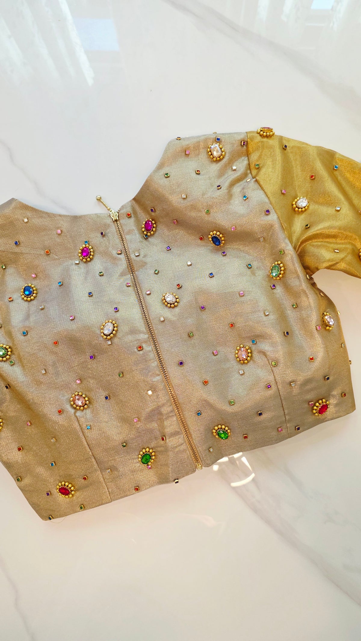 Womens Banaras Gokd and Sikver Tissue Saree with Navrathna Blouse