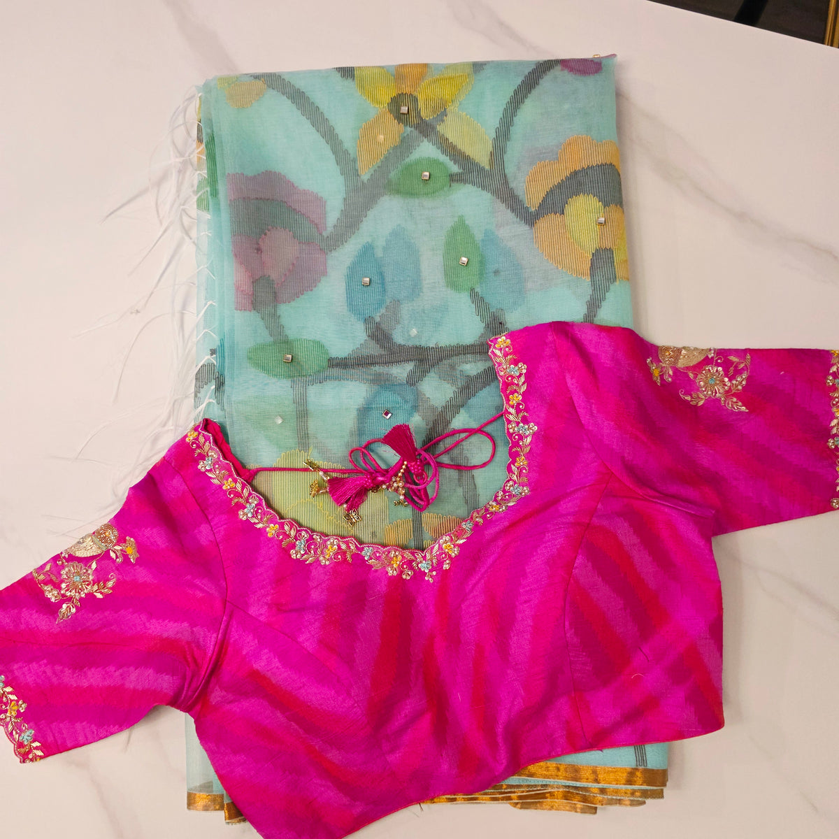 Womens Muslin Jamdani Saree with Kundan Highlights and designer blouse