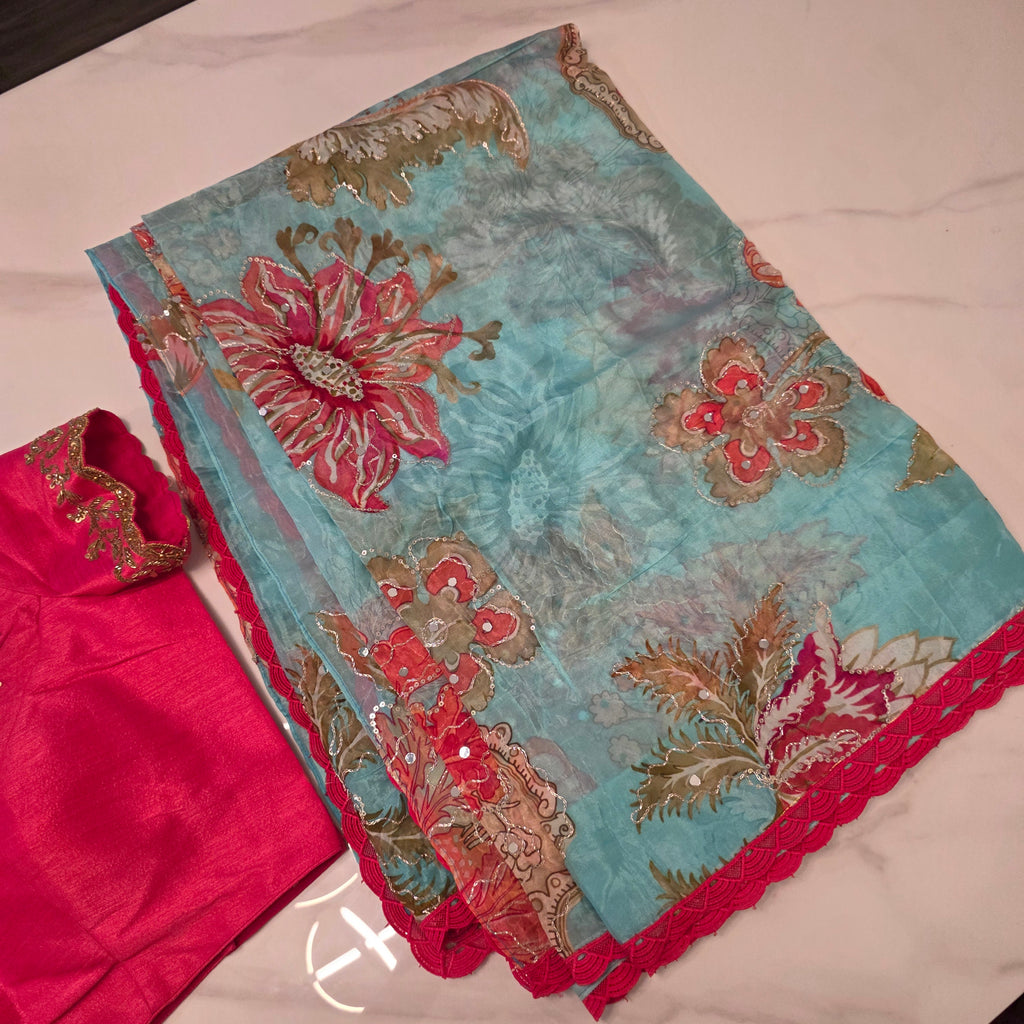 Light Blue Shiny Viscious Organza Saree paied with beautiful Maggam work Blouse