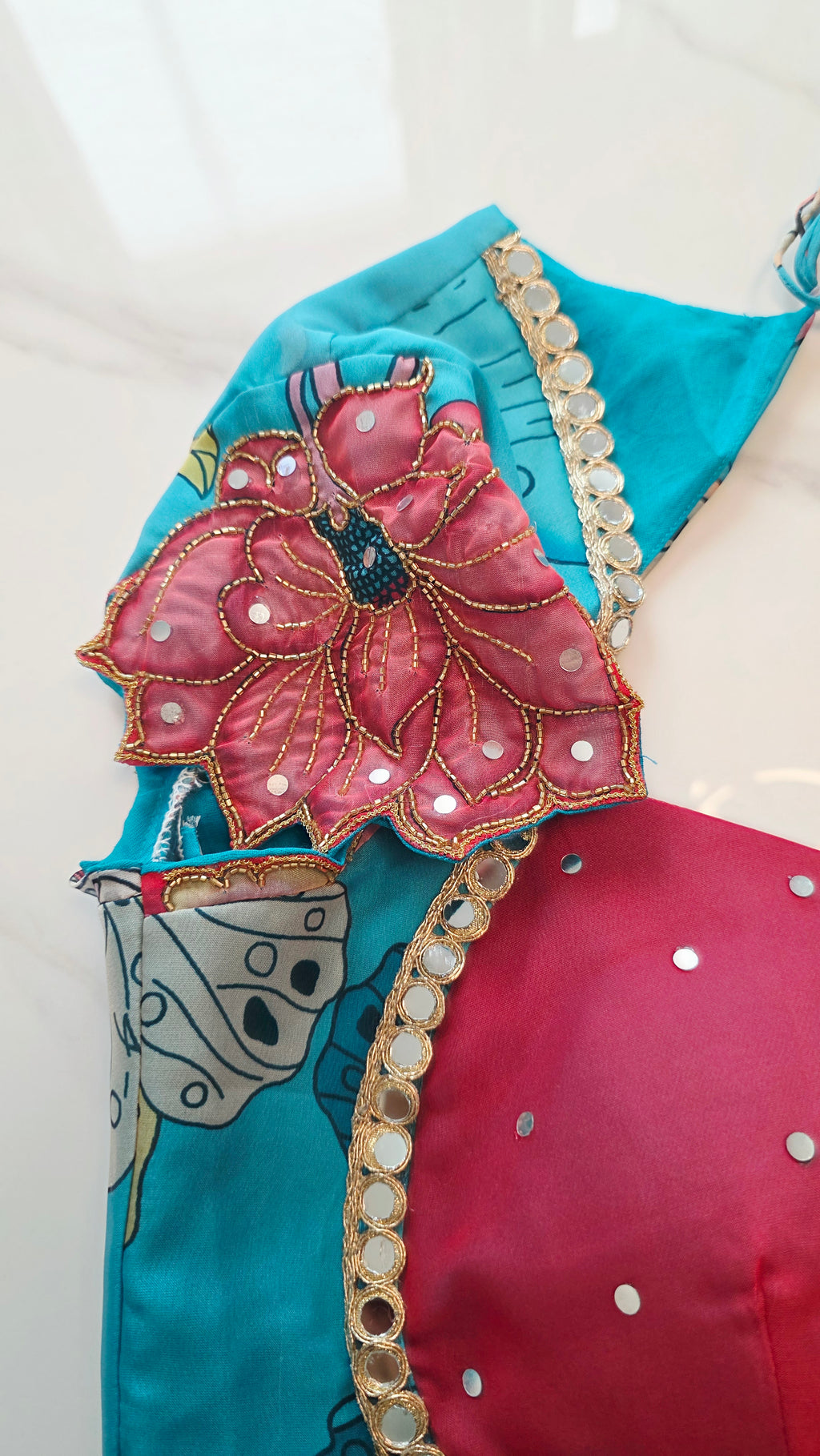 Womens Red and Blue Butterfly Kalmkari print saree and blouse