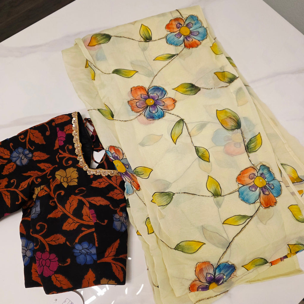 Hellgelbes, zähflüssiges Organza-Saree mit Kalamkari-Bluse