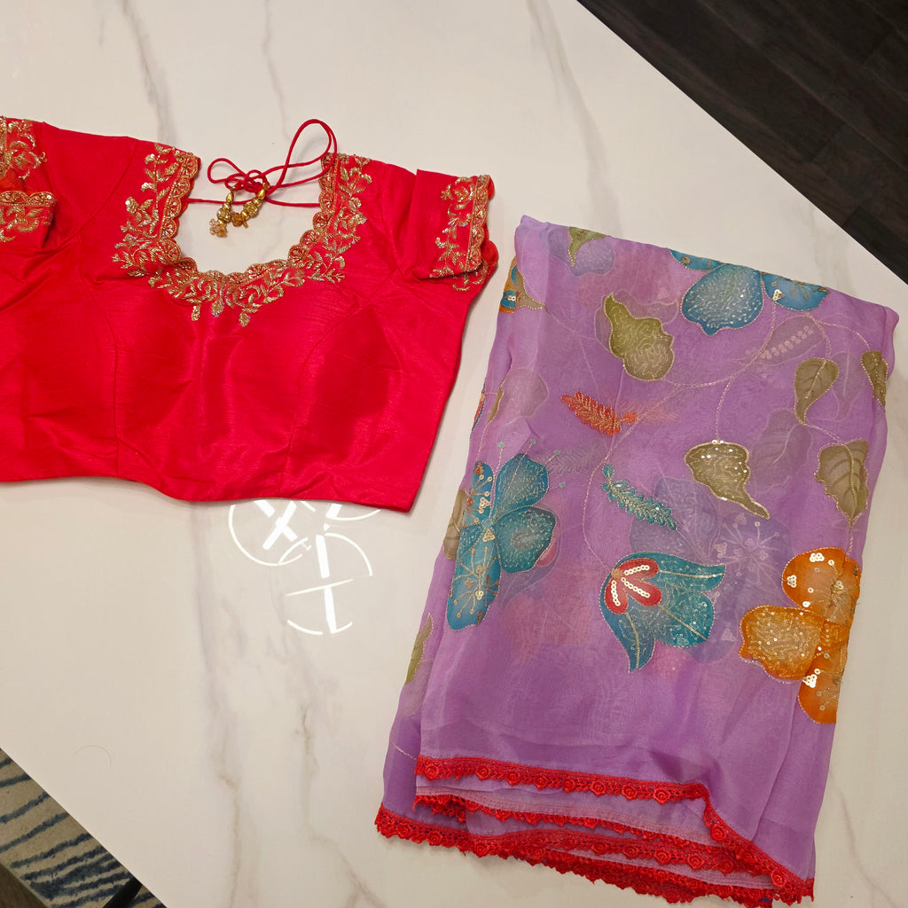 Purple Latest and Trendy Saree with Floral Hibiscus theme in paired with cute short sleeve blouse