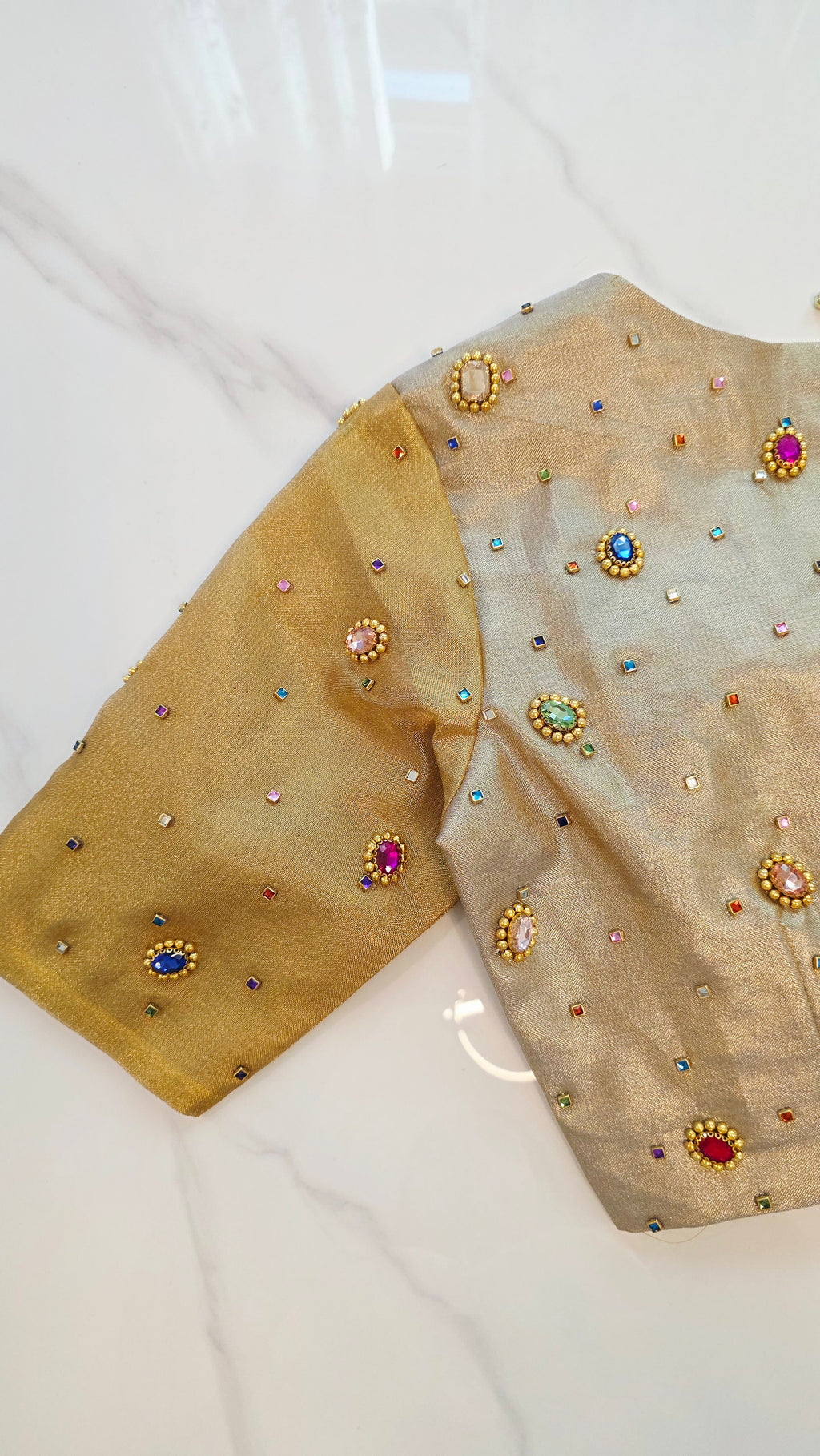 Womens Banaras Gokd and Sikver Tissue Saree with Navrathna Blouse