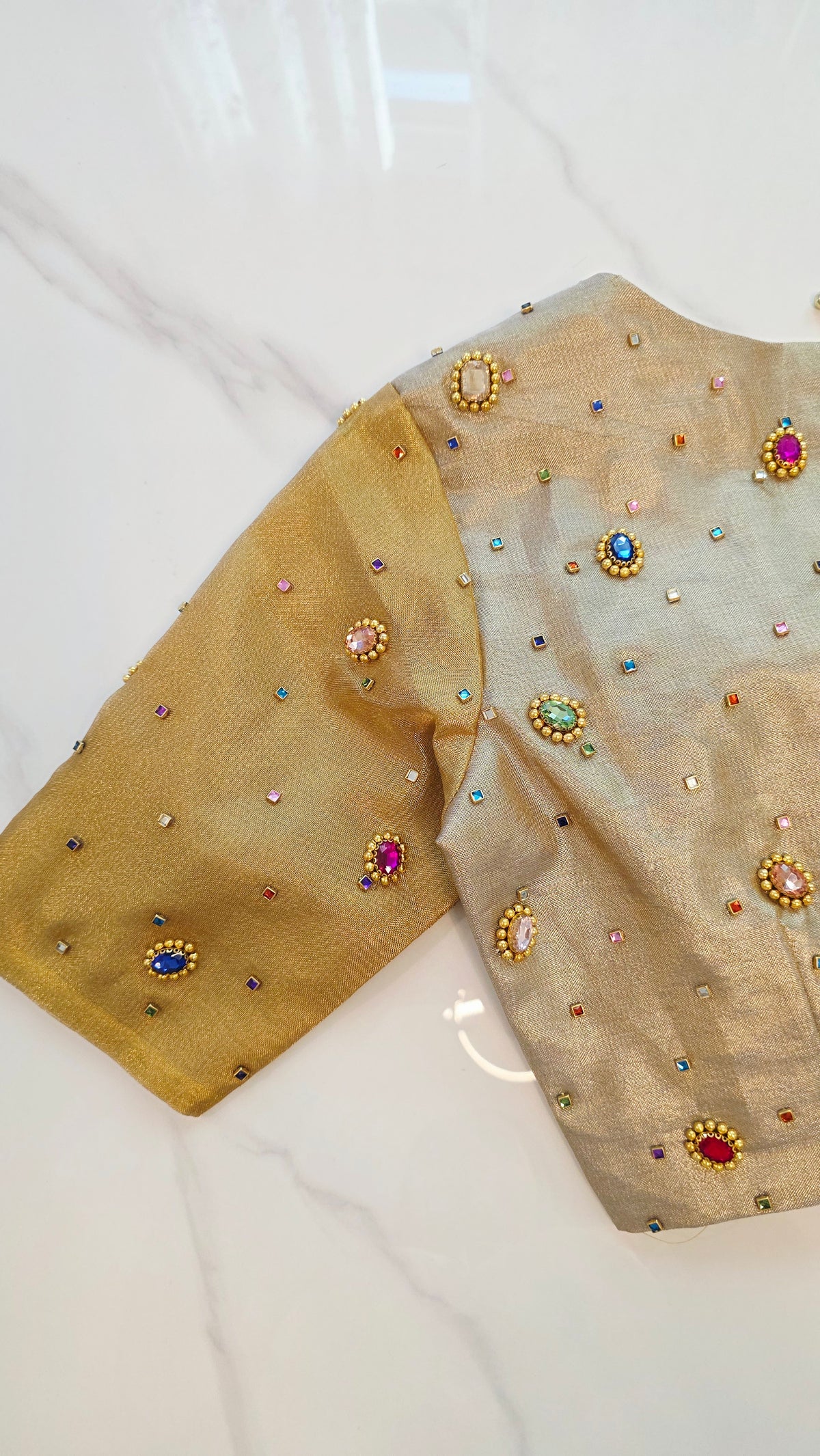 Womens Banaras Gokd and Sikver Tissue Saree with Navrathna Blouse