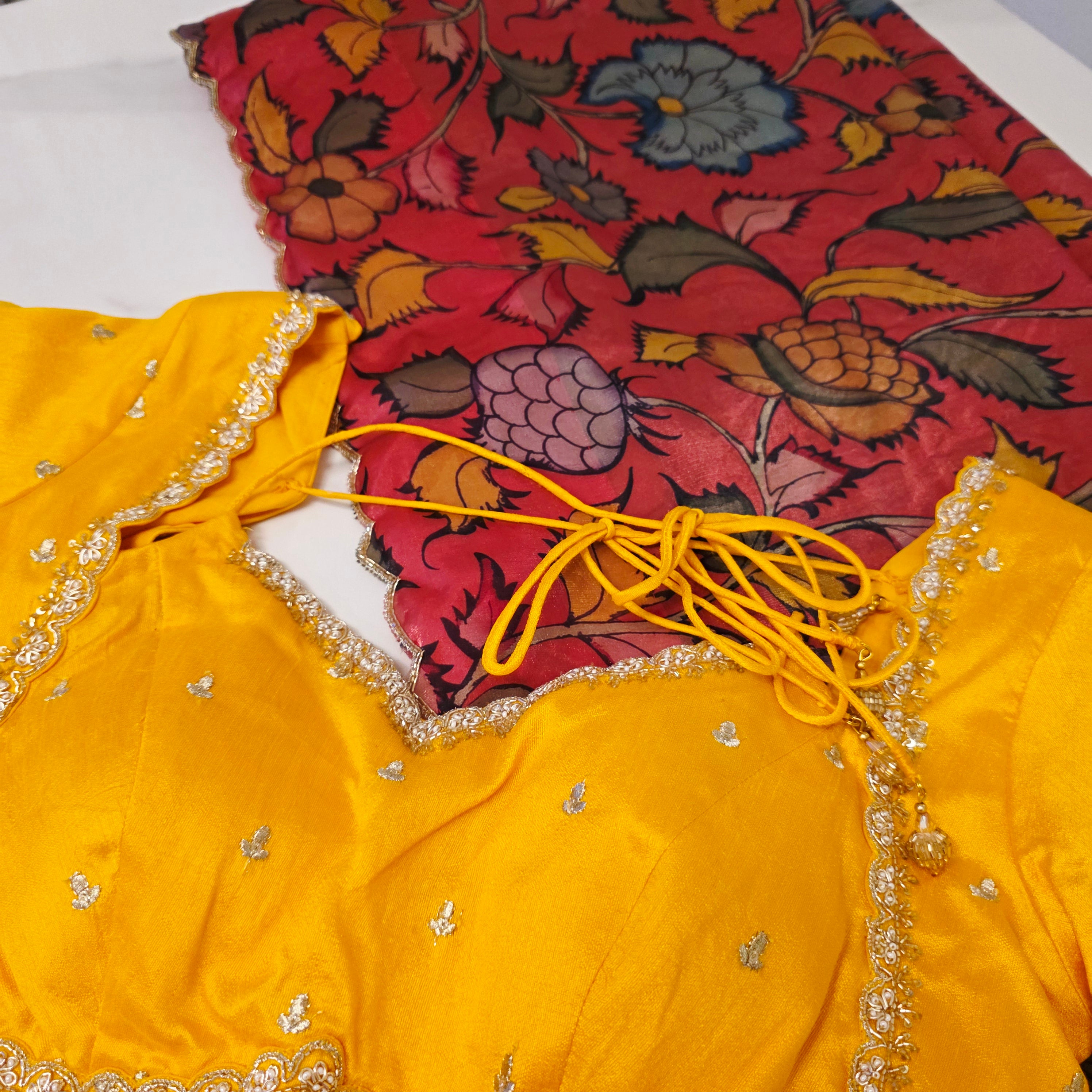 Orange Crape Silk Saree With Yellow Jacket Blouse