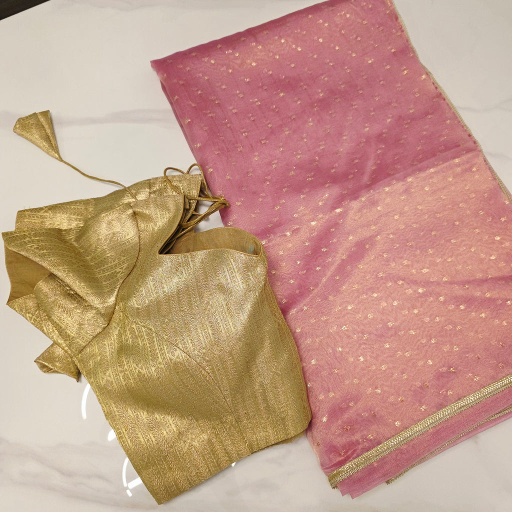 Damen Pink Falling Tissue Saree mit goldener Bluse