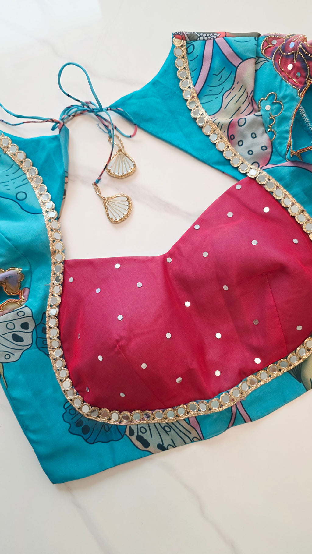 Womens Red and Blue Butterfly Kalmkari print saree and blouse