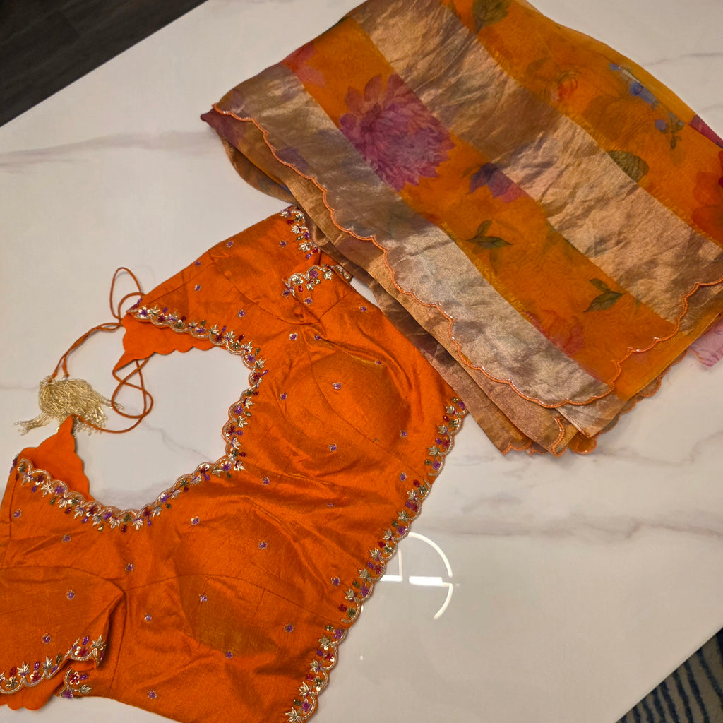 Latest Pure Organza Orange Colour Saree With Stripes with Heavy Blouse