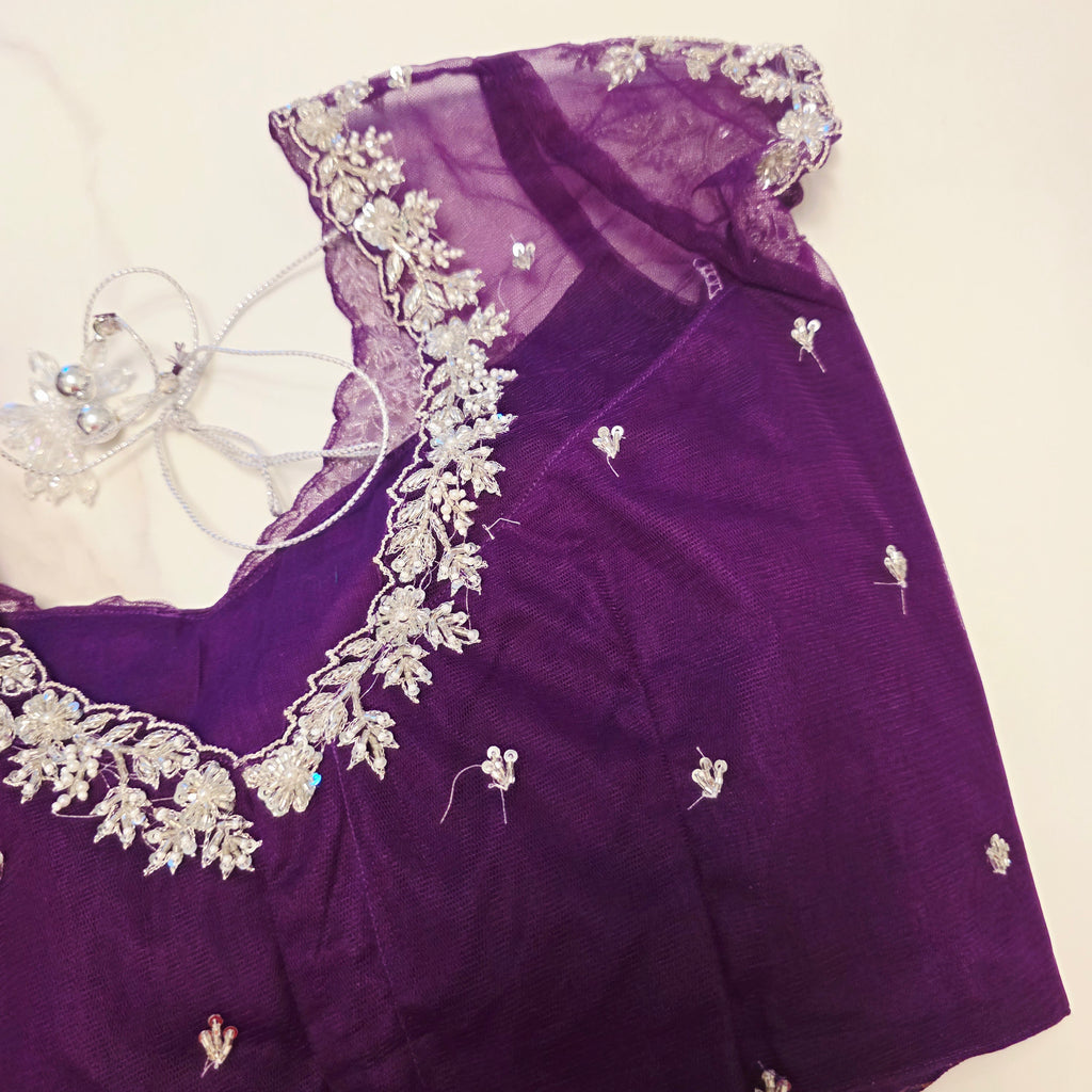 Violet Viscious Organza Stripes Saree With Leaf pattern mottifs paired with Net designer blouse
