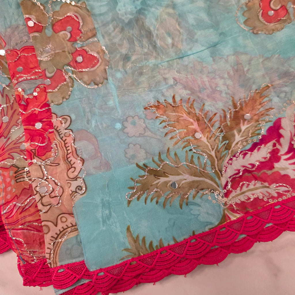 Light Blue Shiny Viscious Organza Saree paied with beautiful Maggam work Blouse