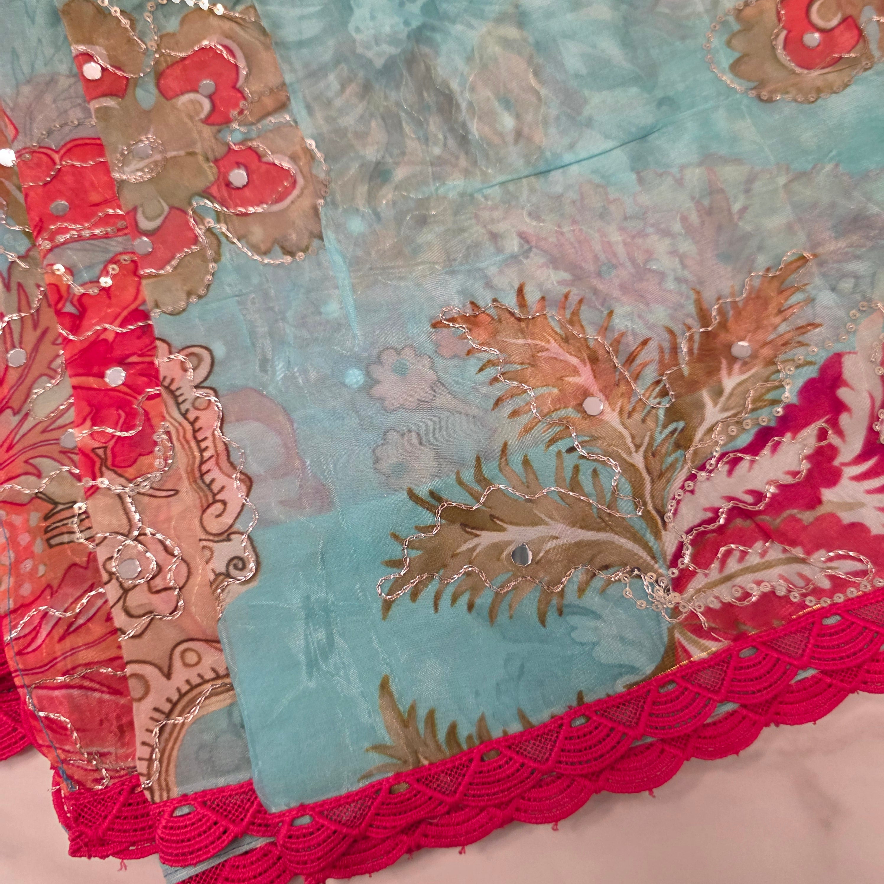 Light Blue Shiny Viscious Organza Saree paied with beautiful Maggam work Blouse