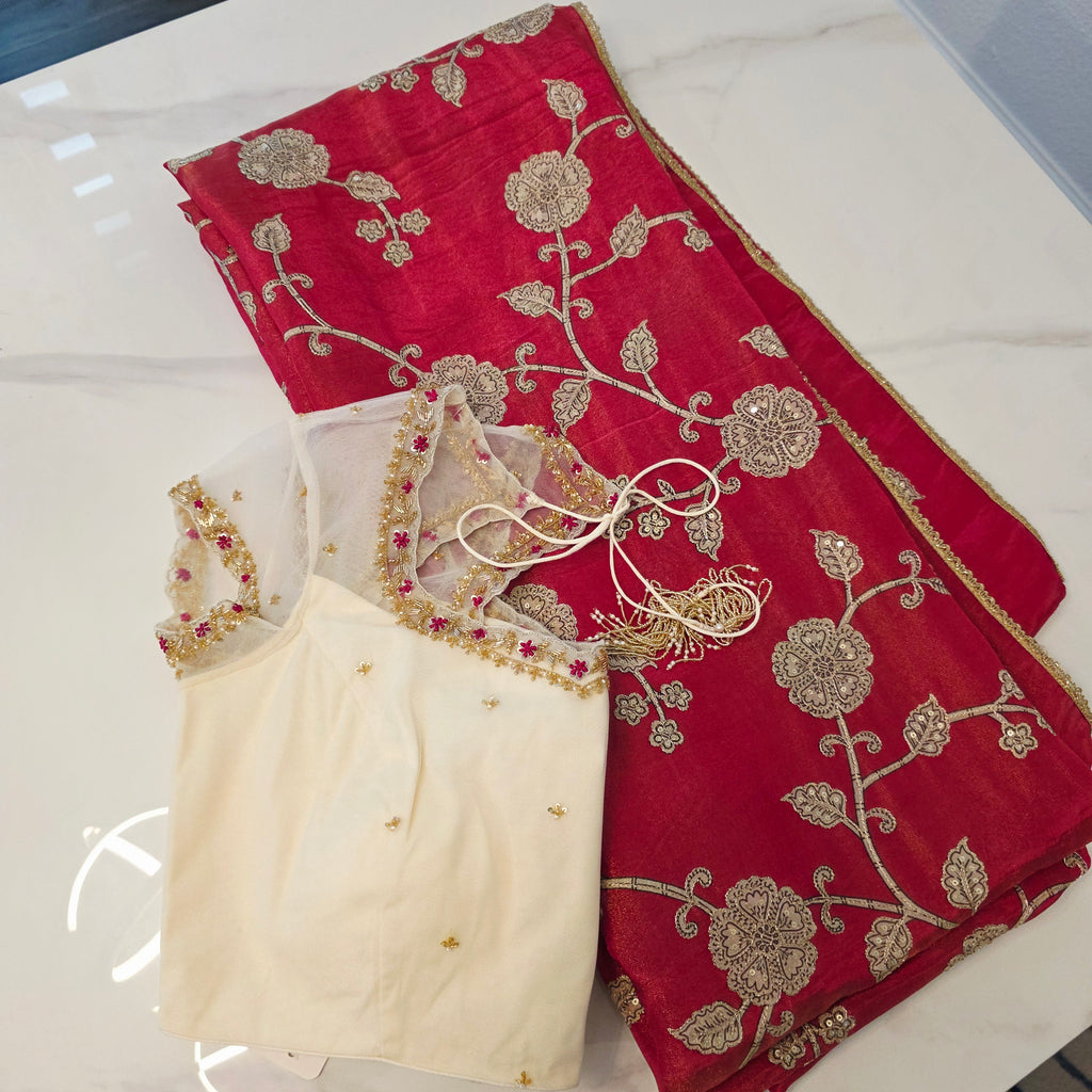 Pink Tissue Saree With Kalamkari Applique Work and Beautiful Net Blouse