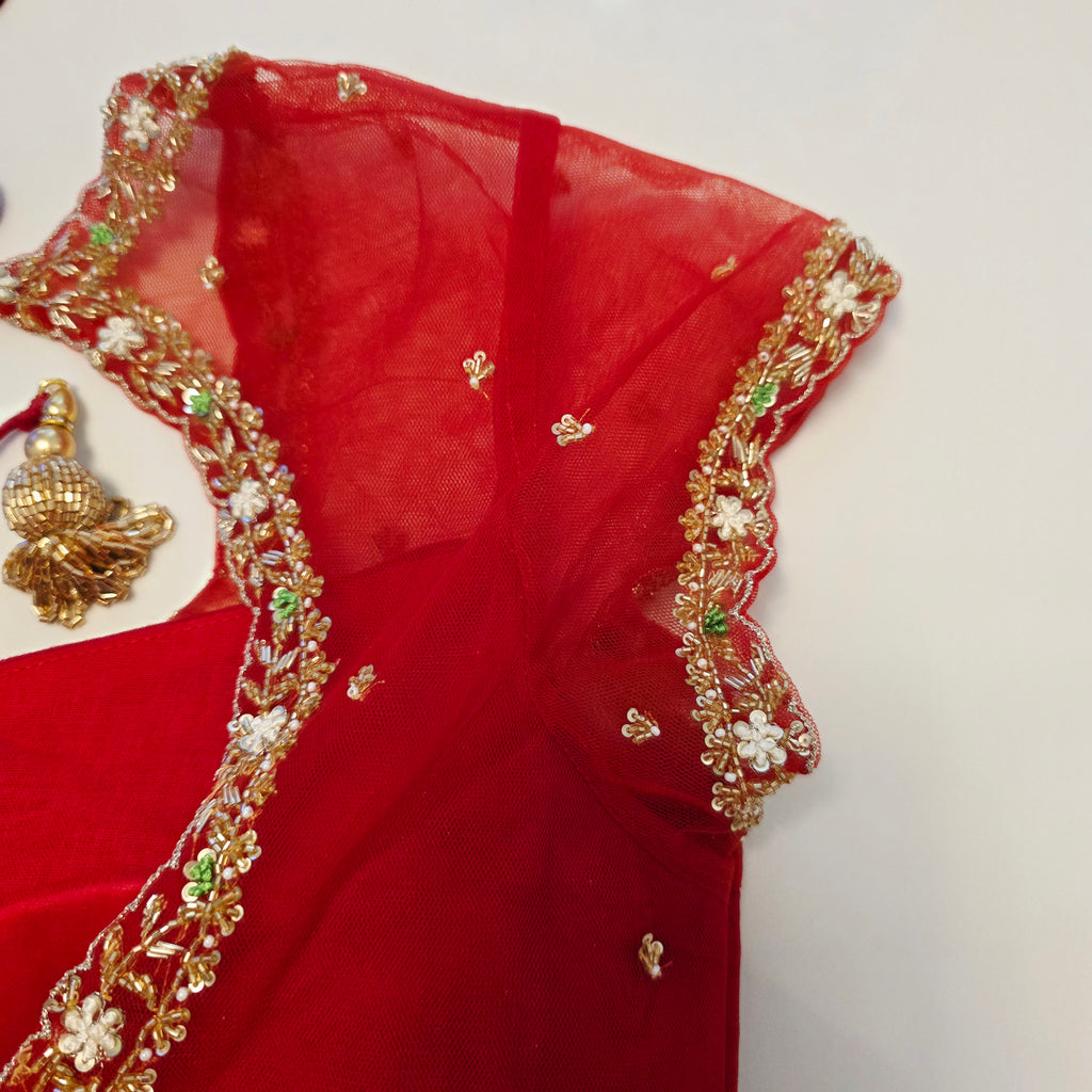 White Viscious Organza Saree with Floral pattern with Net designer Blouse