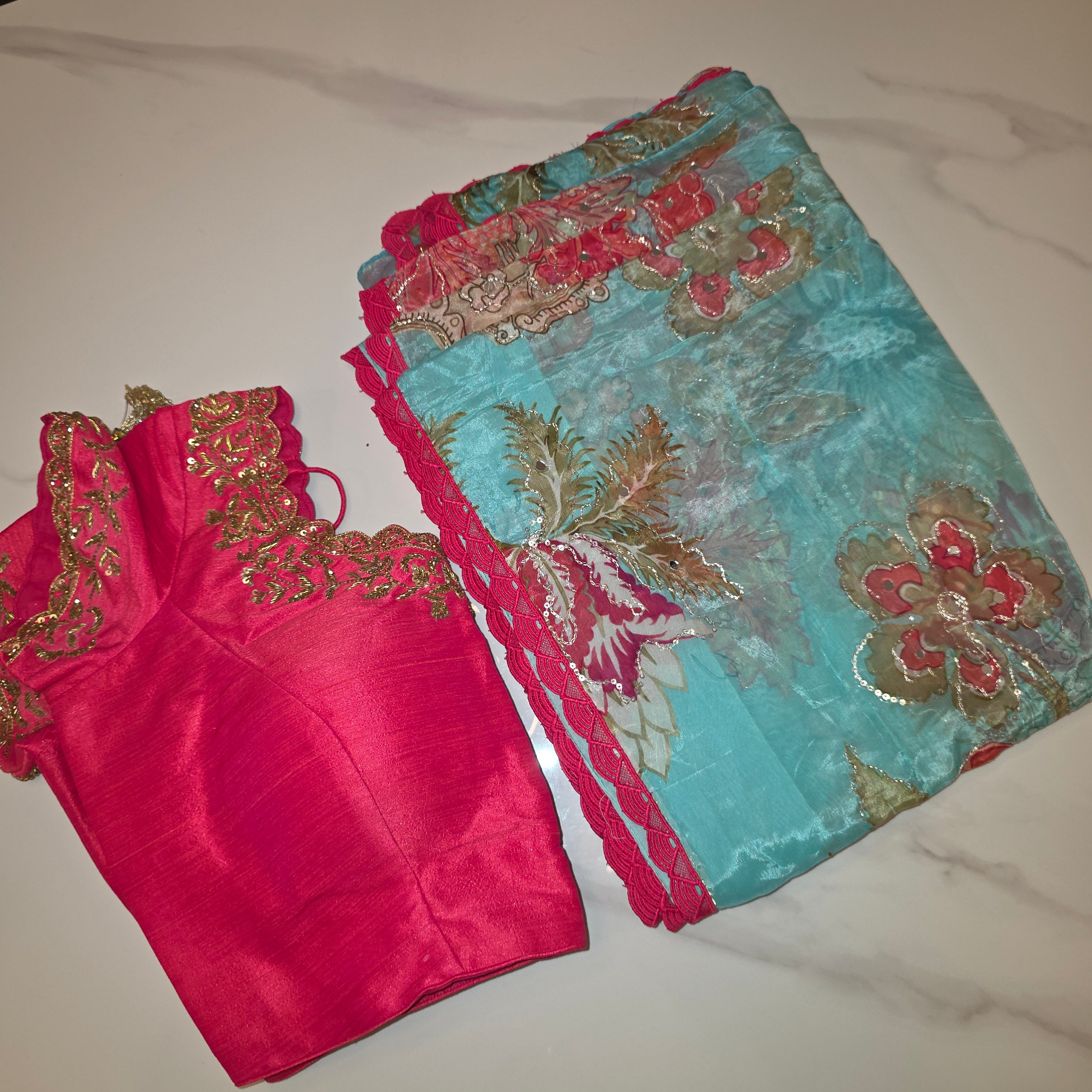 Light Blue Shiny Viscious Organza Saree paied with beautiful Maggam work Blouse