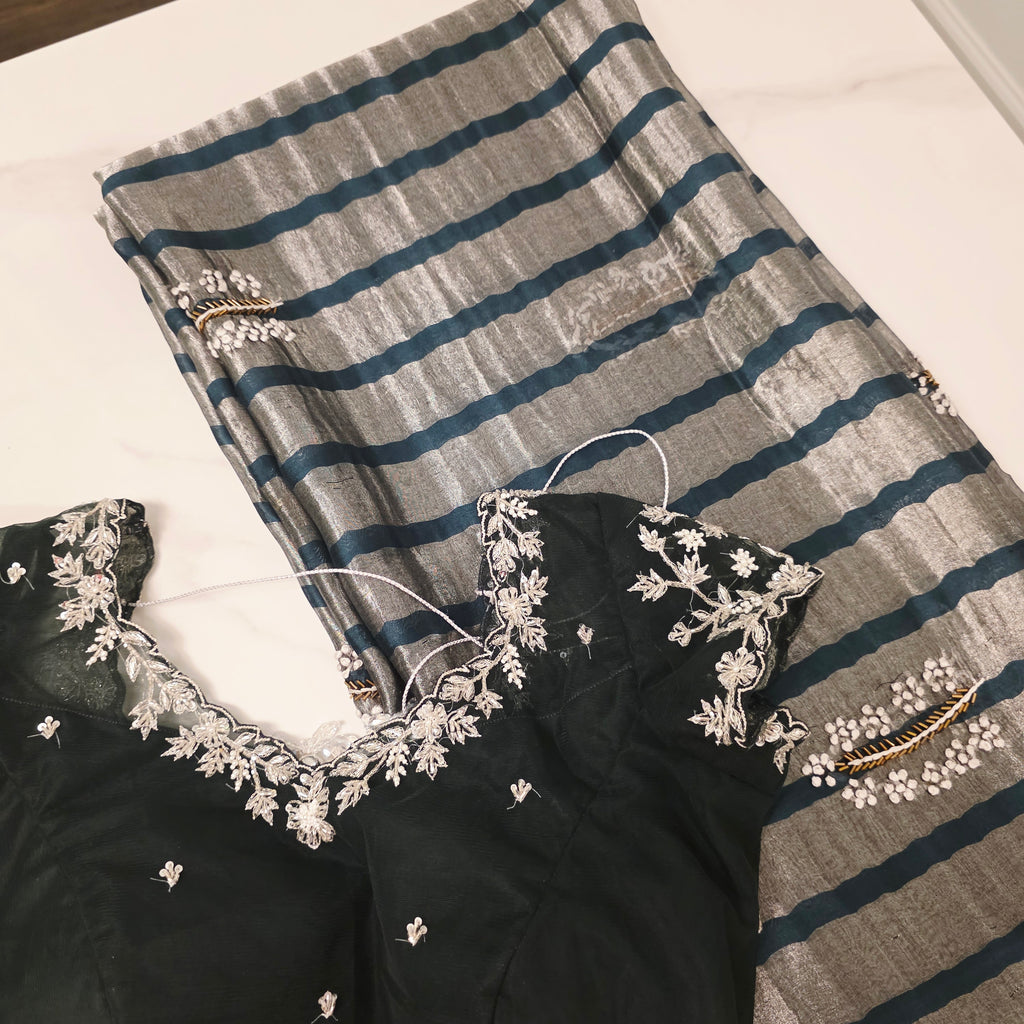 Bottle Green Viscious Organza Stripes Saree with Net Maggamwork blouse