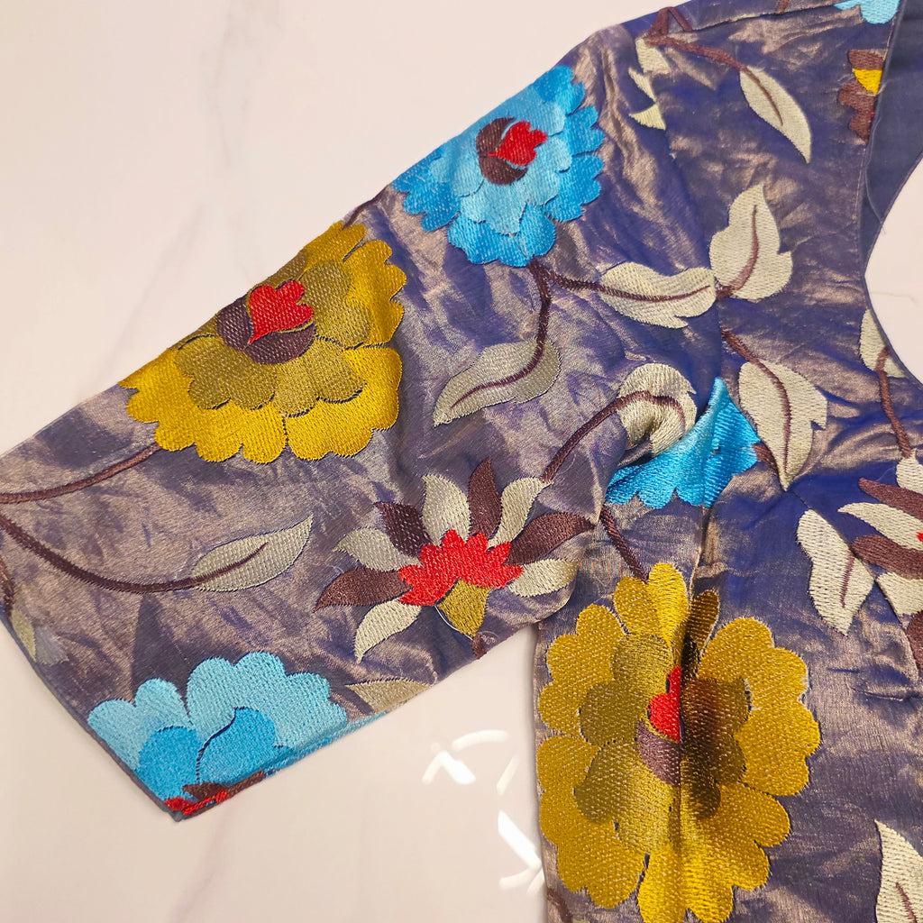 Blue Banaras Saree with Floral Embroidery