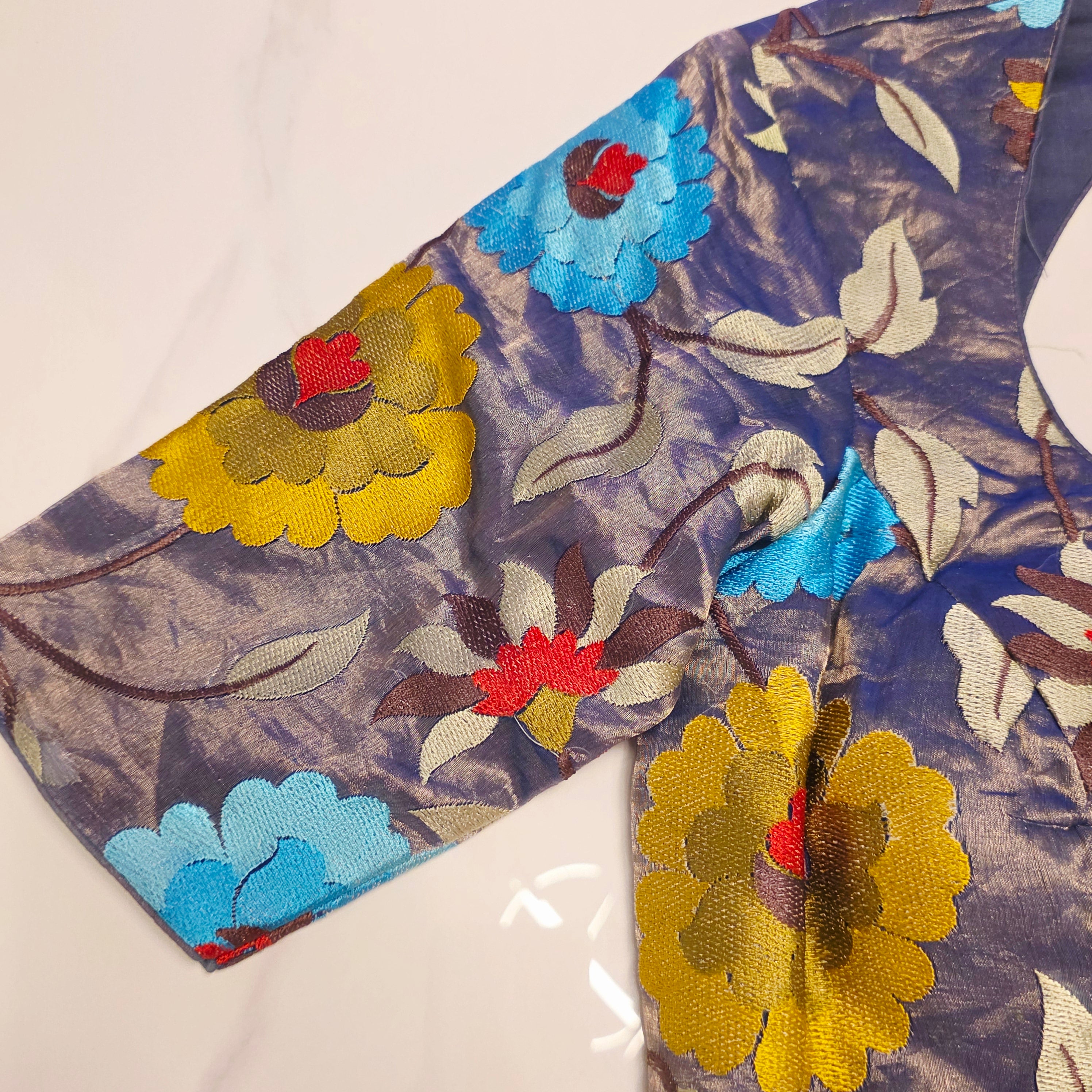 Blue Banaras Saree with Floral Embroidery