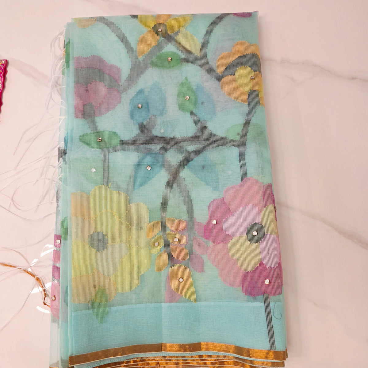 Womens Muslin Jamdani Saree with Kundan Highlights and designer blouse