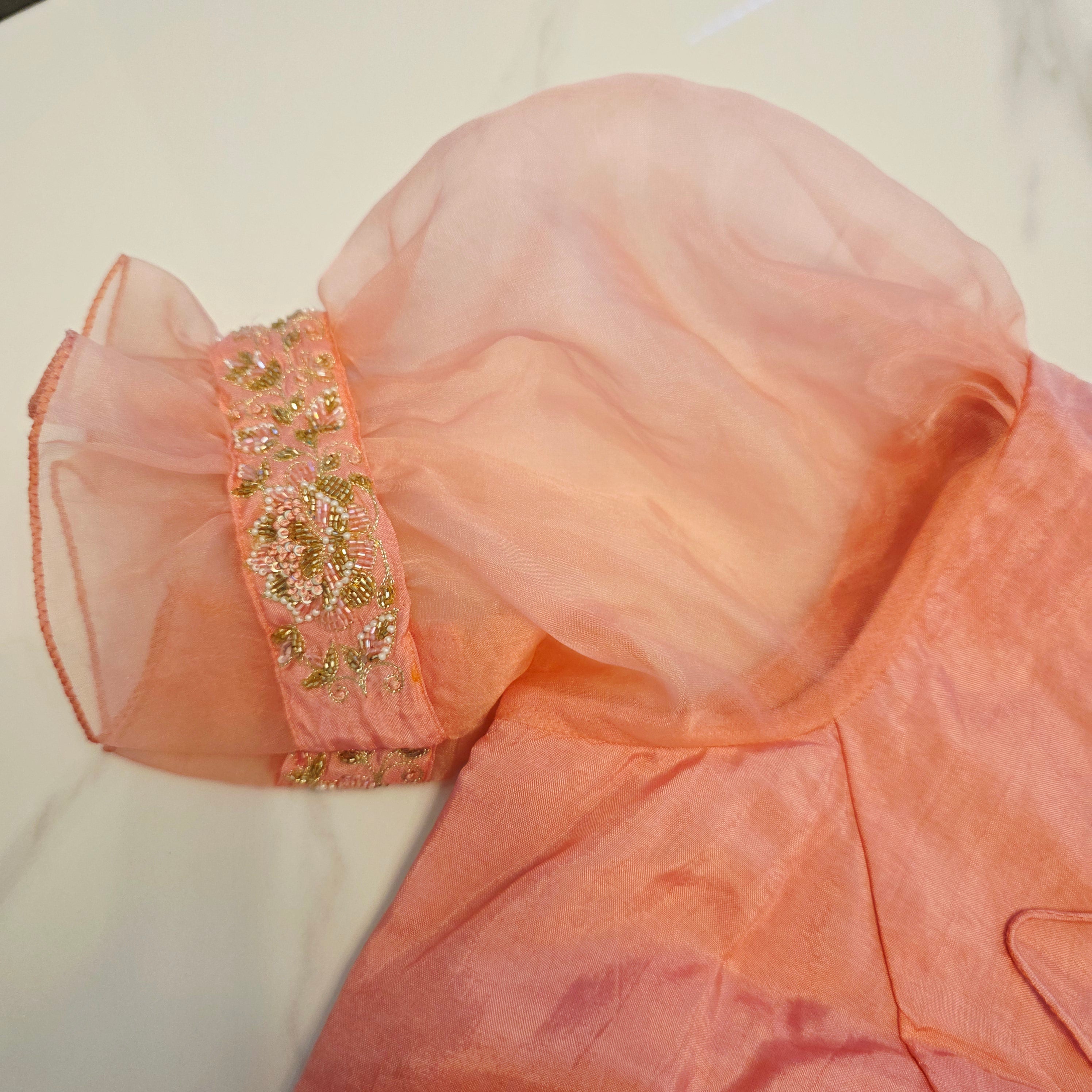 Pink and Blue Designer Saree with trending sleeves blouse.