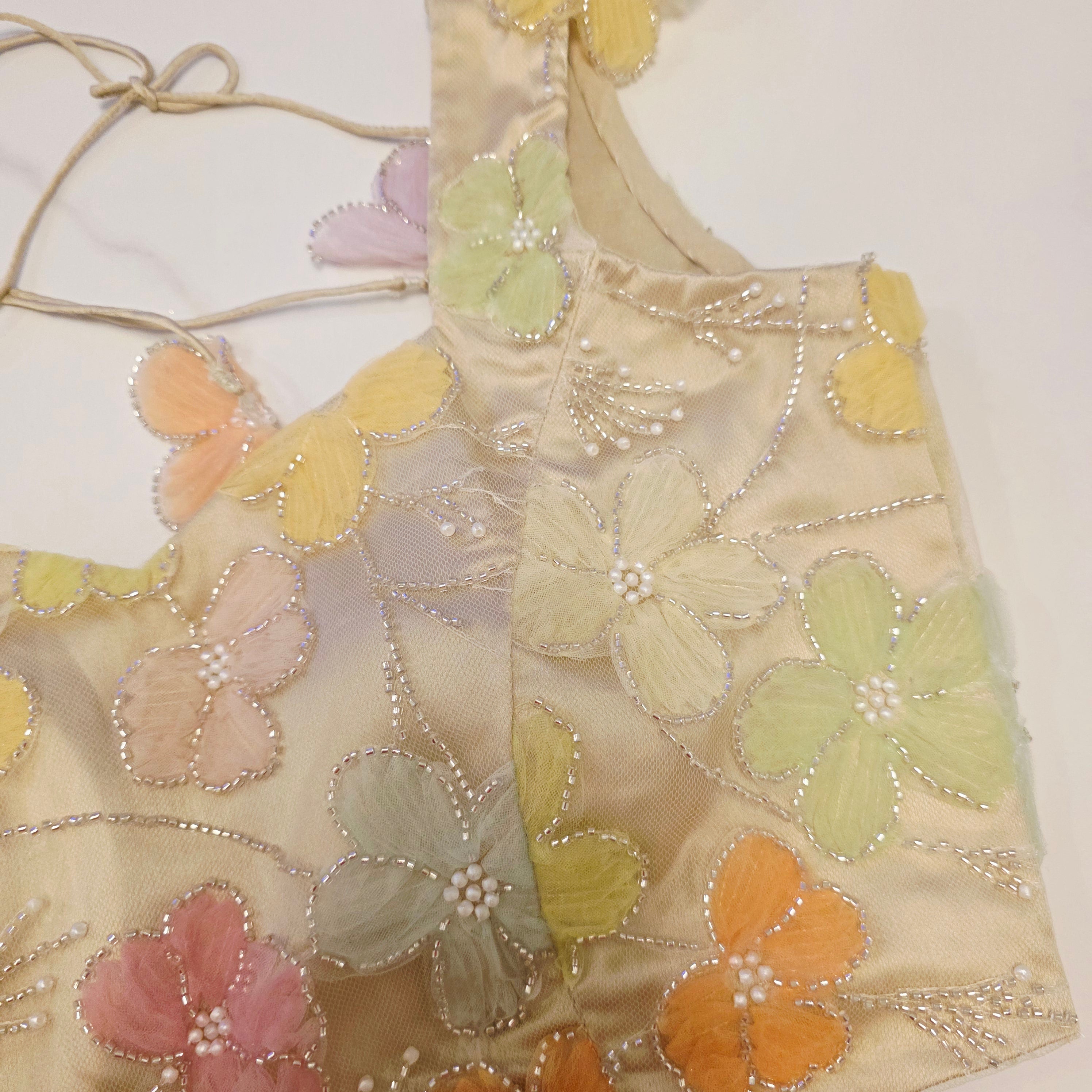 Parrot Green Tissue Saree With 3D Floral Blouse