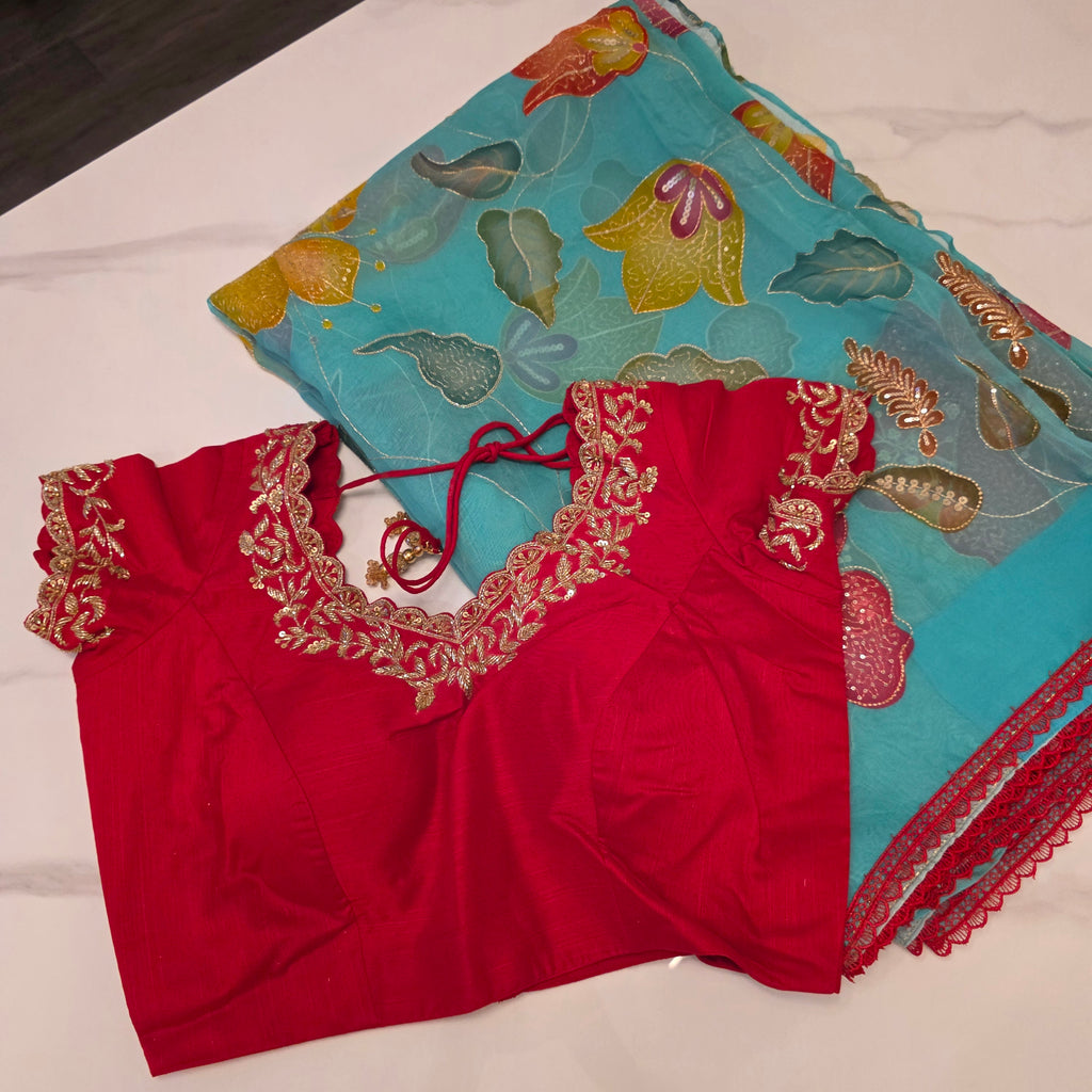 Teal Blue Oraganza Saree -Latest and Trendy with Floral Hibiscus theme paired with cute short sleeve blouse