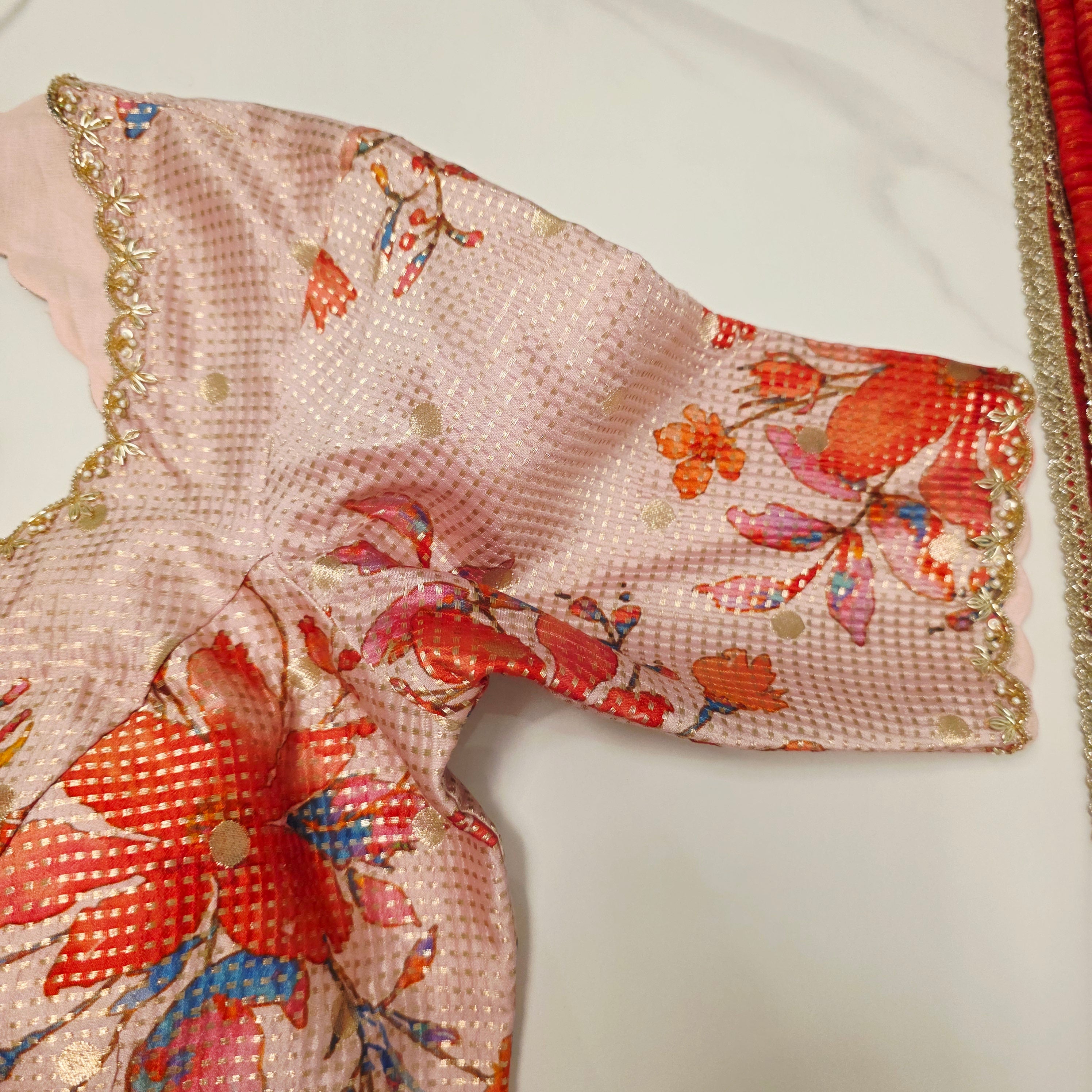 Rote Chanderi Tissue-Streifen-Saree mit geblümter Designer-Bluse