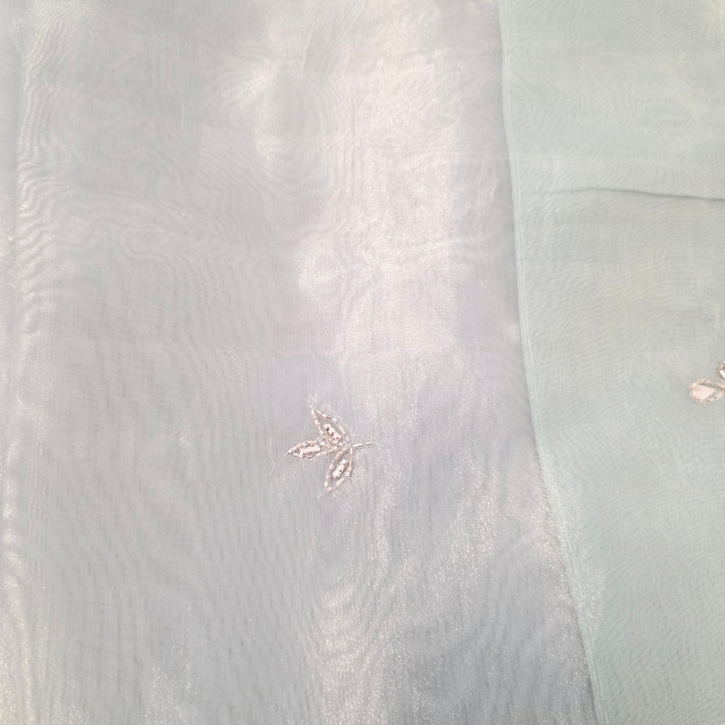 Seagreen Organza Glass Tissue With Mirror Work and BabyPink Net Blouse