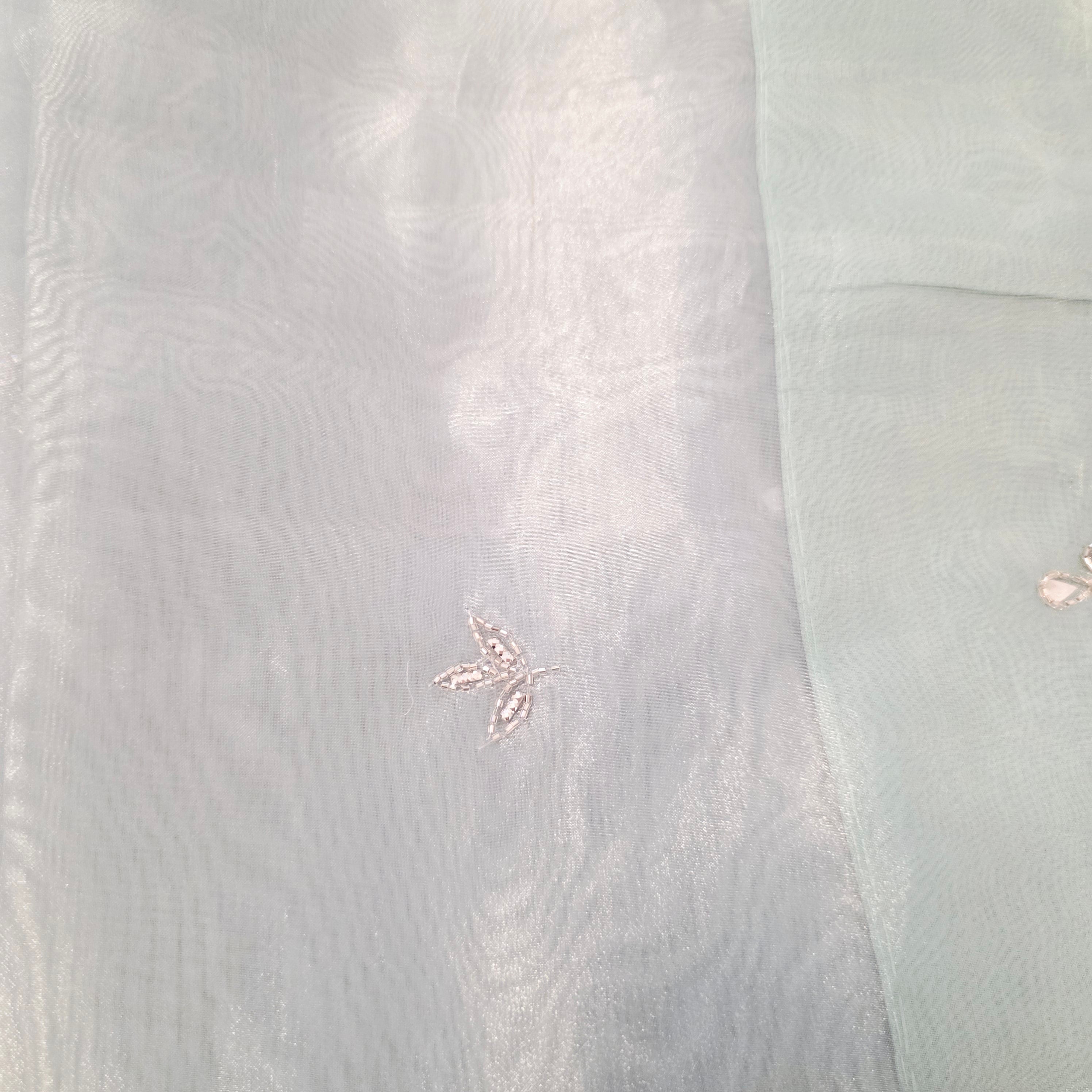 Seagreen Organza Glass Tissue With Mirror Work and BabyPink Net Blouse