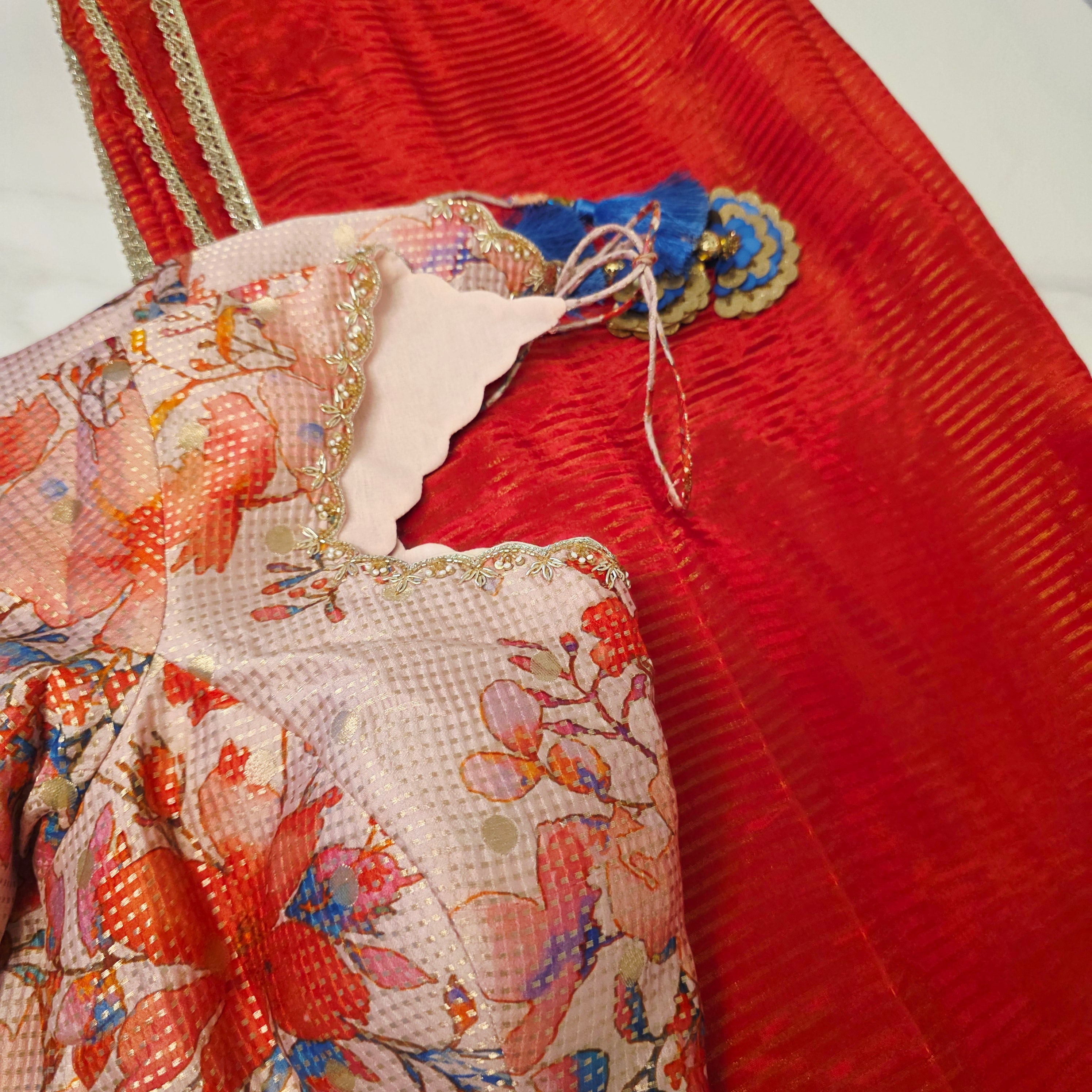 Red Chanderi Tissue Stripes Saree With Floral Designer Blouse