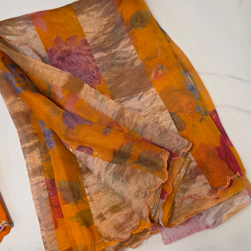 Latest Pure Organza Orange Colour Saree With Stripes with Heavy Blouse
