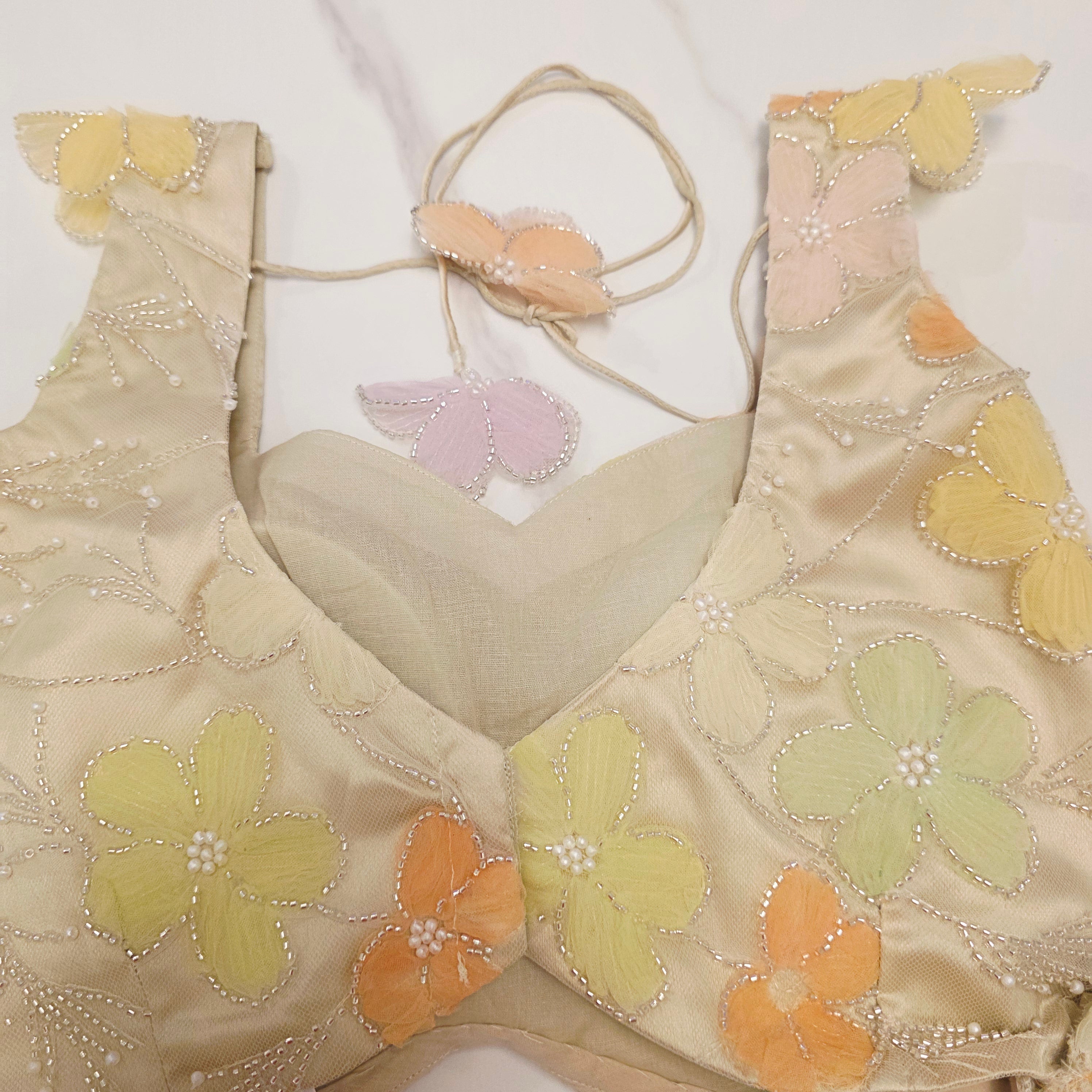 Parrot Green Tissue Saree With 3D Floral Blouse