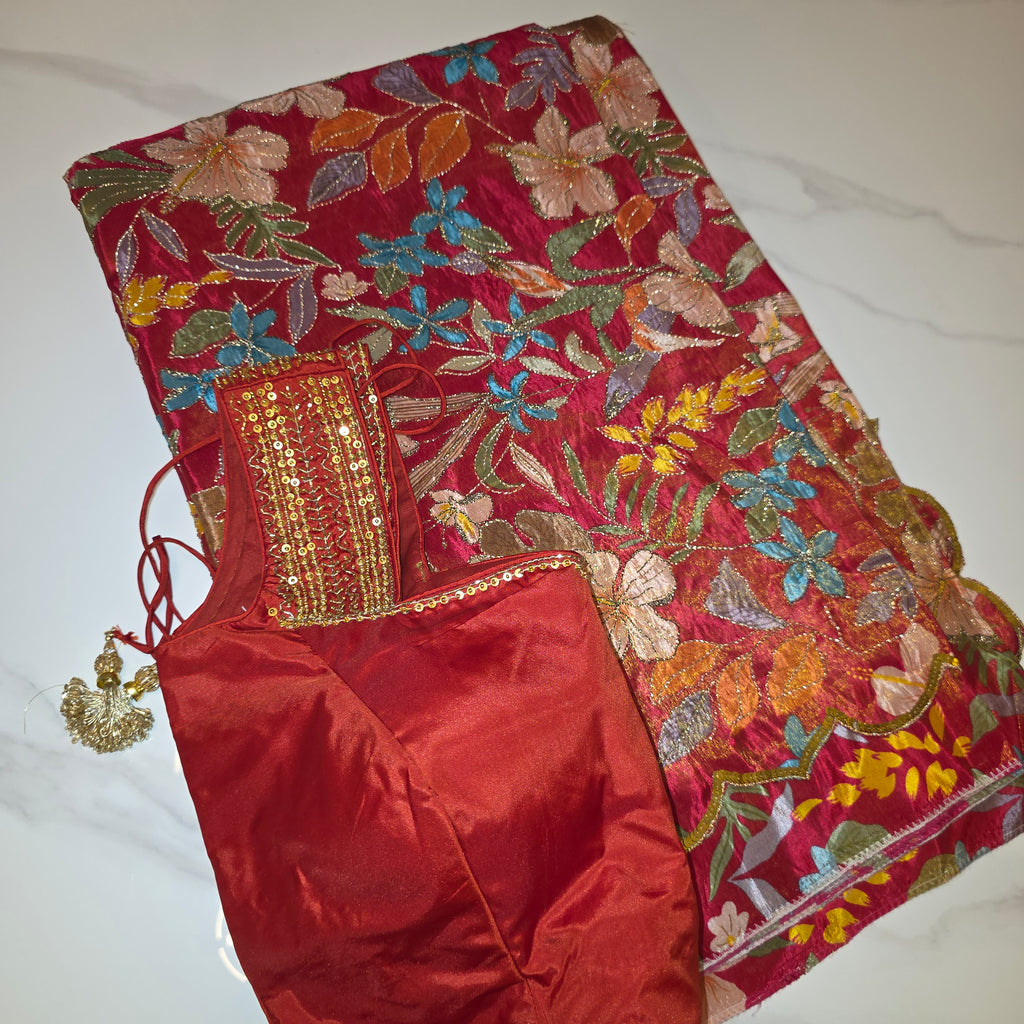 Red Designer Floral Highlited Tissue Georgette Saree and Designer Blouse