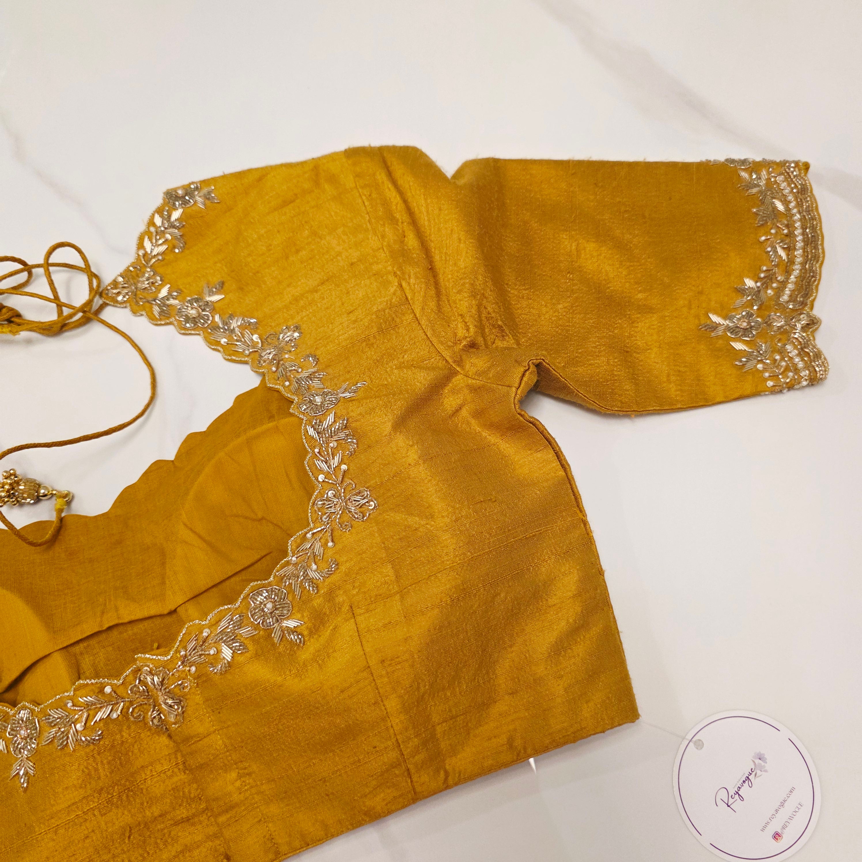 Golden Yellow Pure Tissue Saree with Saree Highlights and Rawsilk Maggam work Blouse