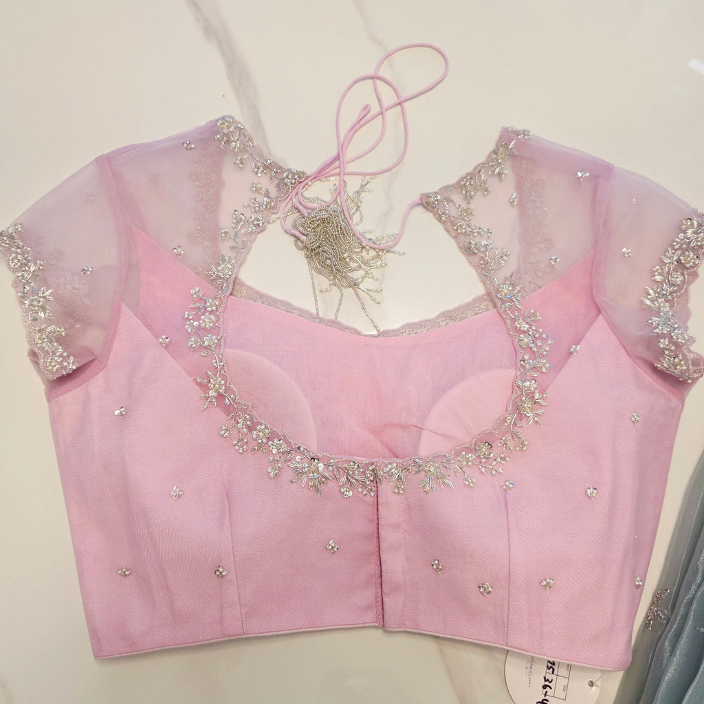 Seagreen Organza Glass Tissue With Mirror Work and BabyPink Net Blouse