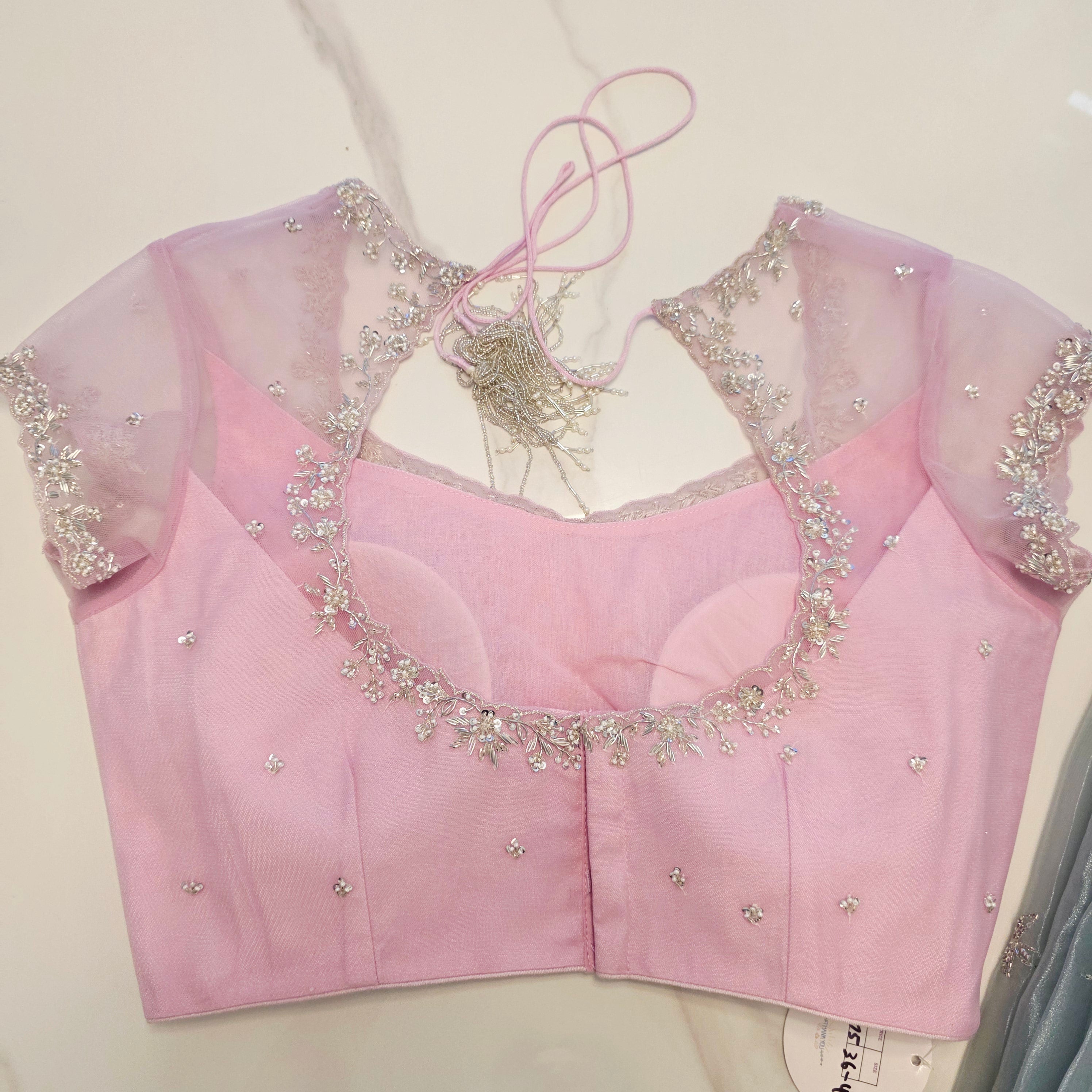 Seagreen Organza Glass Tissue With Mirror Work and BabyPink Net Blouse