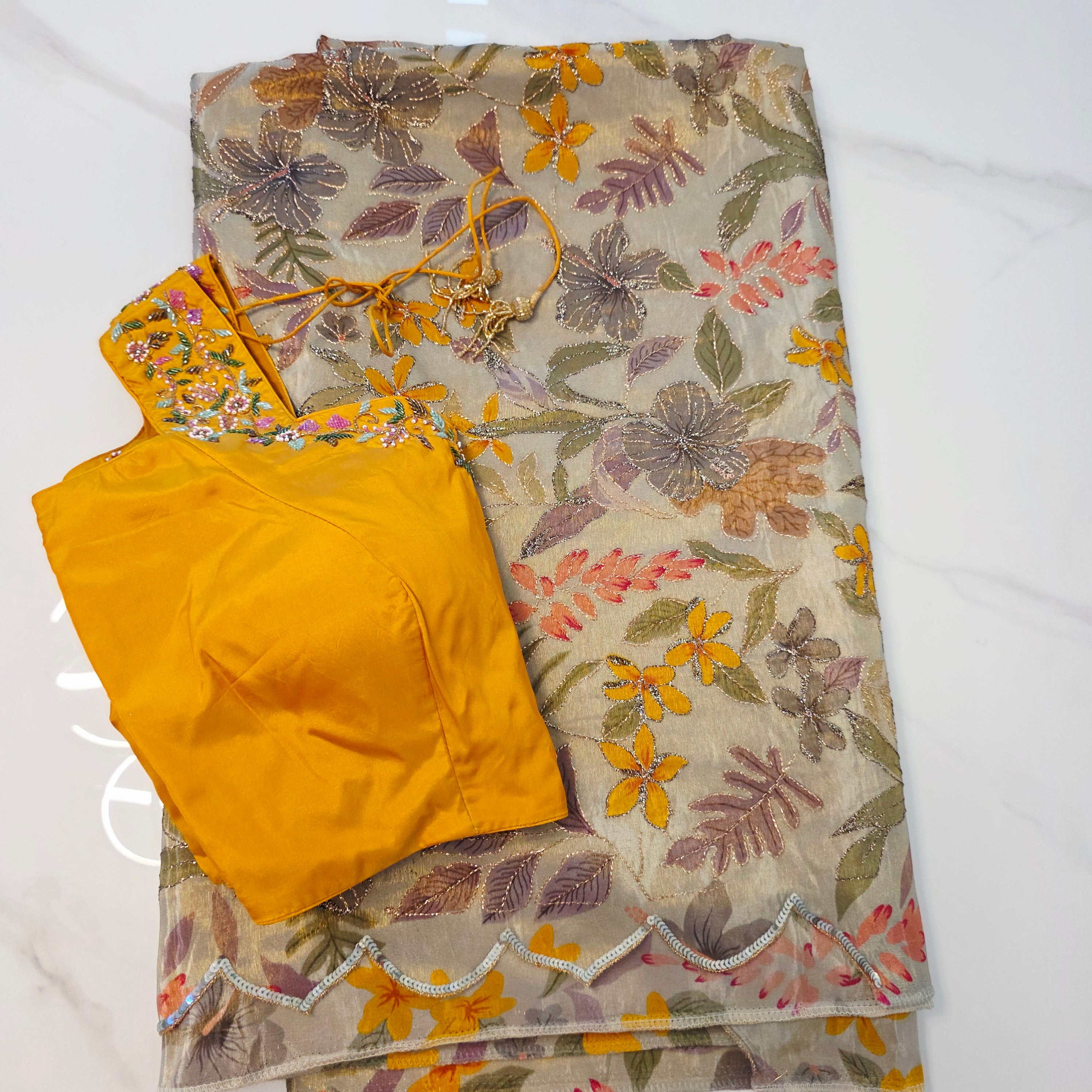 Light Pista Green Colour Cocktail Saree with all over floral sequins and yellow designer blouse