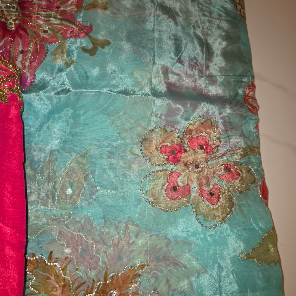 Light Blue Shiny Viscious Organza Saree paied with beautiful Maggam work Blouse