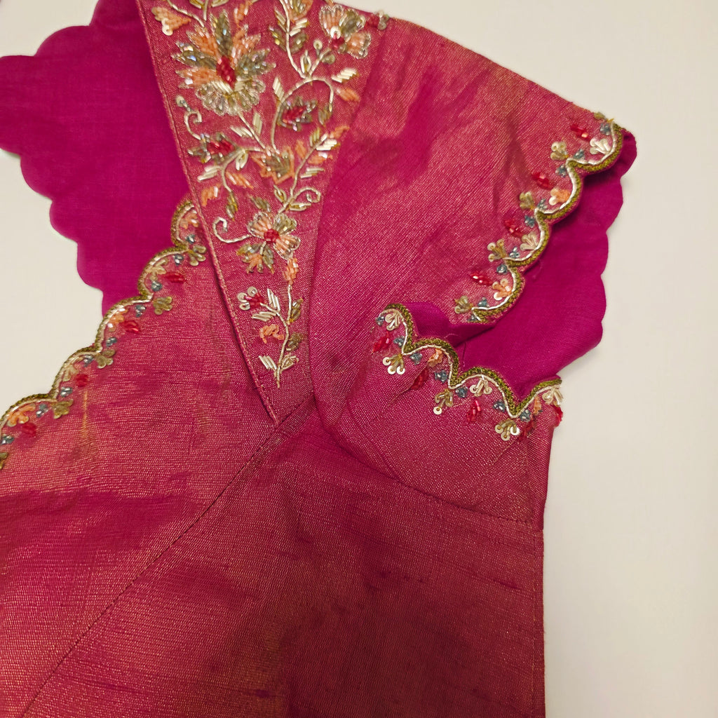 Green Stripes Premium Organza Saree with Cutwork borders paired with Tissue Rawsilk Maggam Blouse