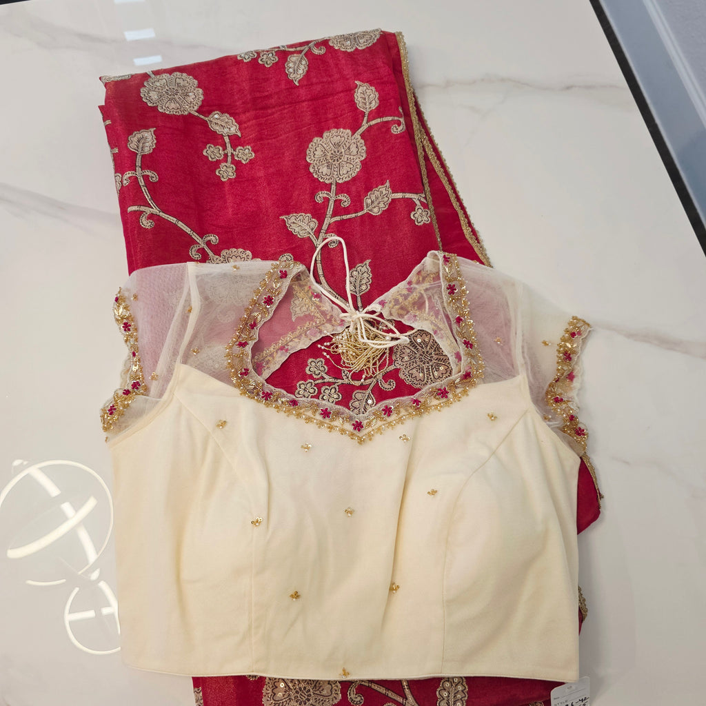 Pink Tissue Saree With Kalamkari Applique Work and Beautiful Net Blouse