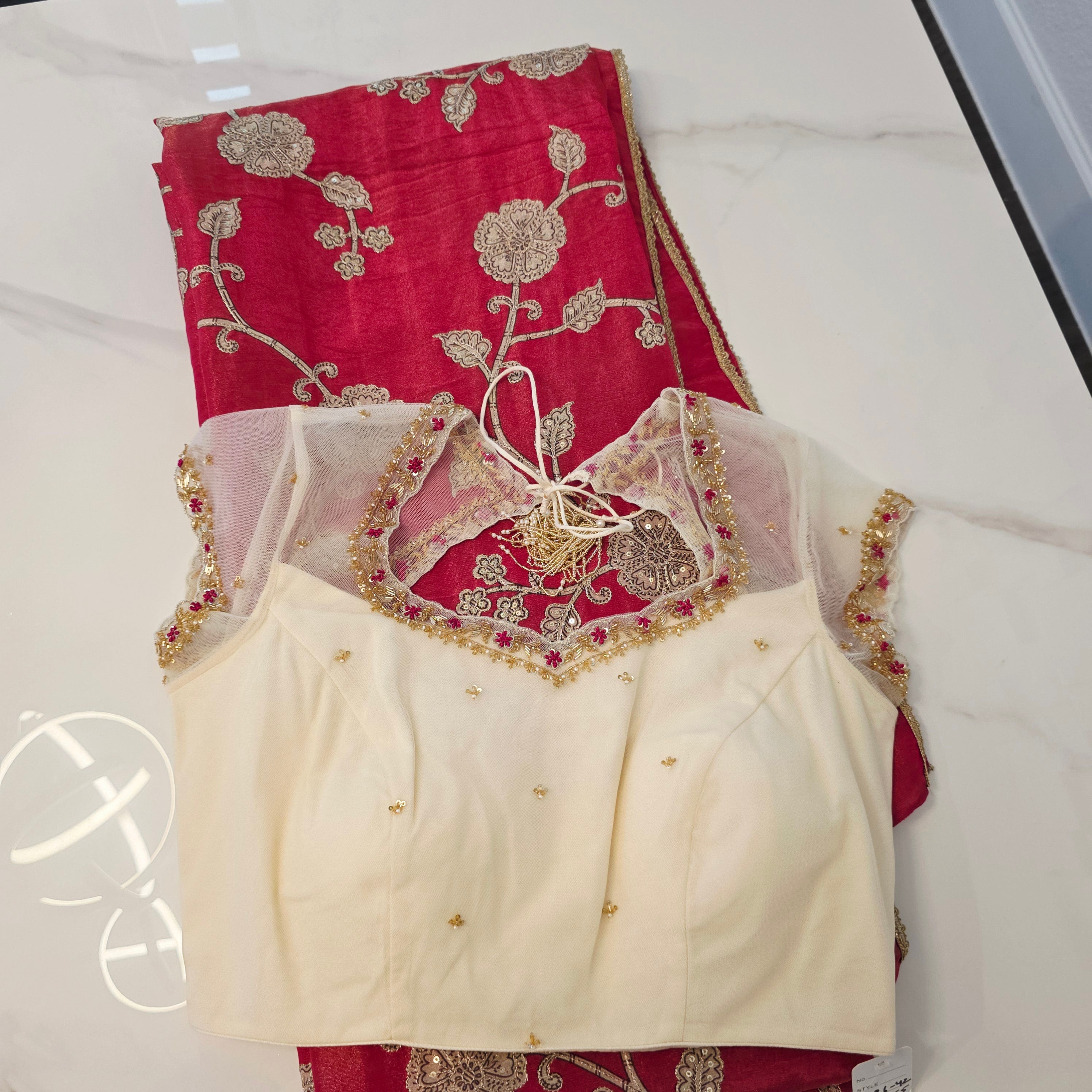 Pink Tissue Saree With Kalamkari Applique Work and Beautiful Net Blouse