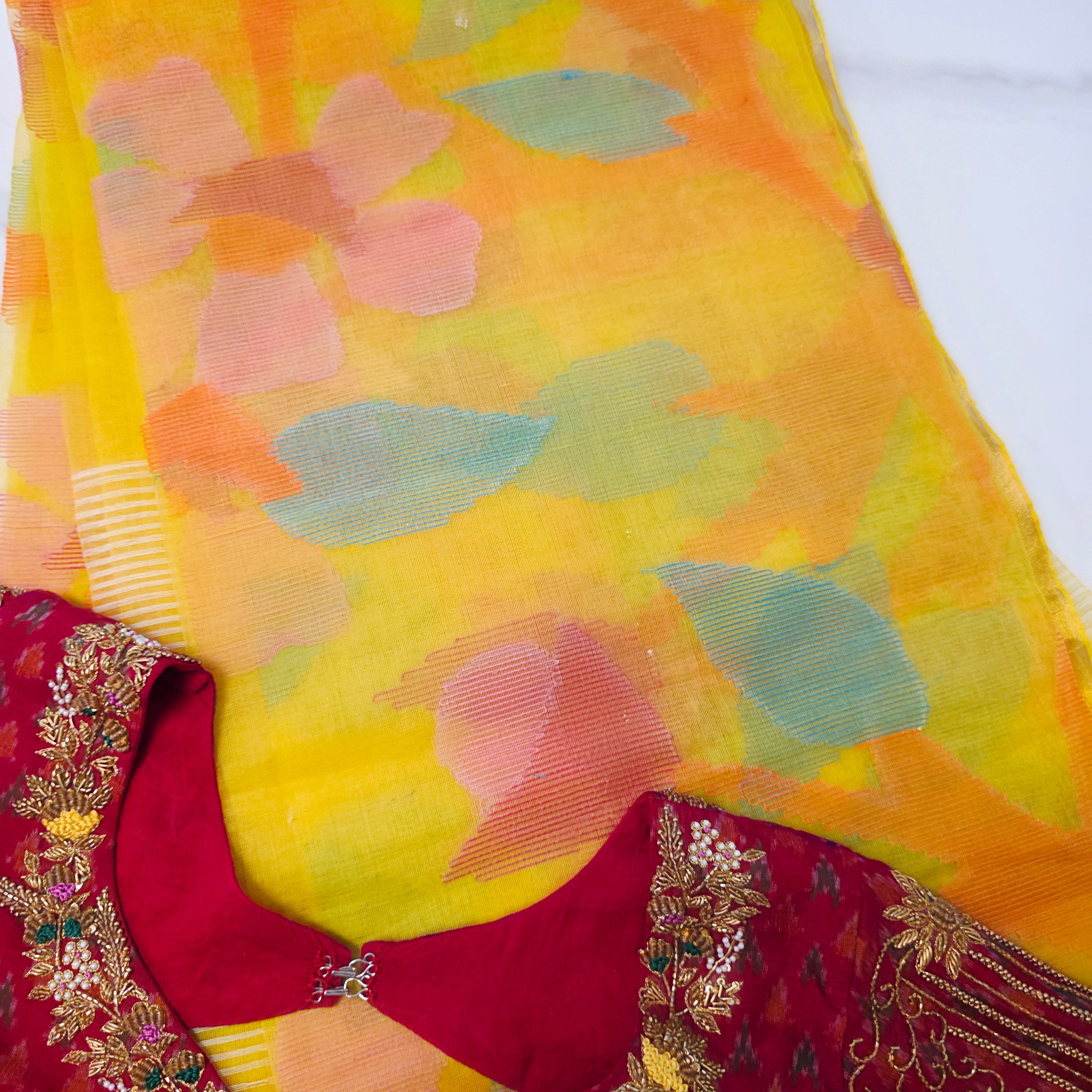 Yellow Maslin Jamdani with Patola Blouse