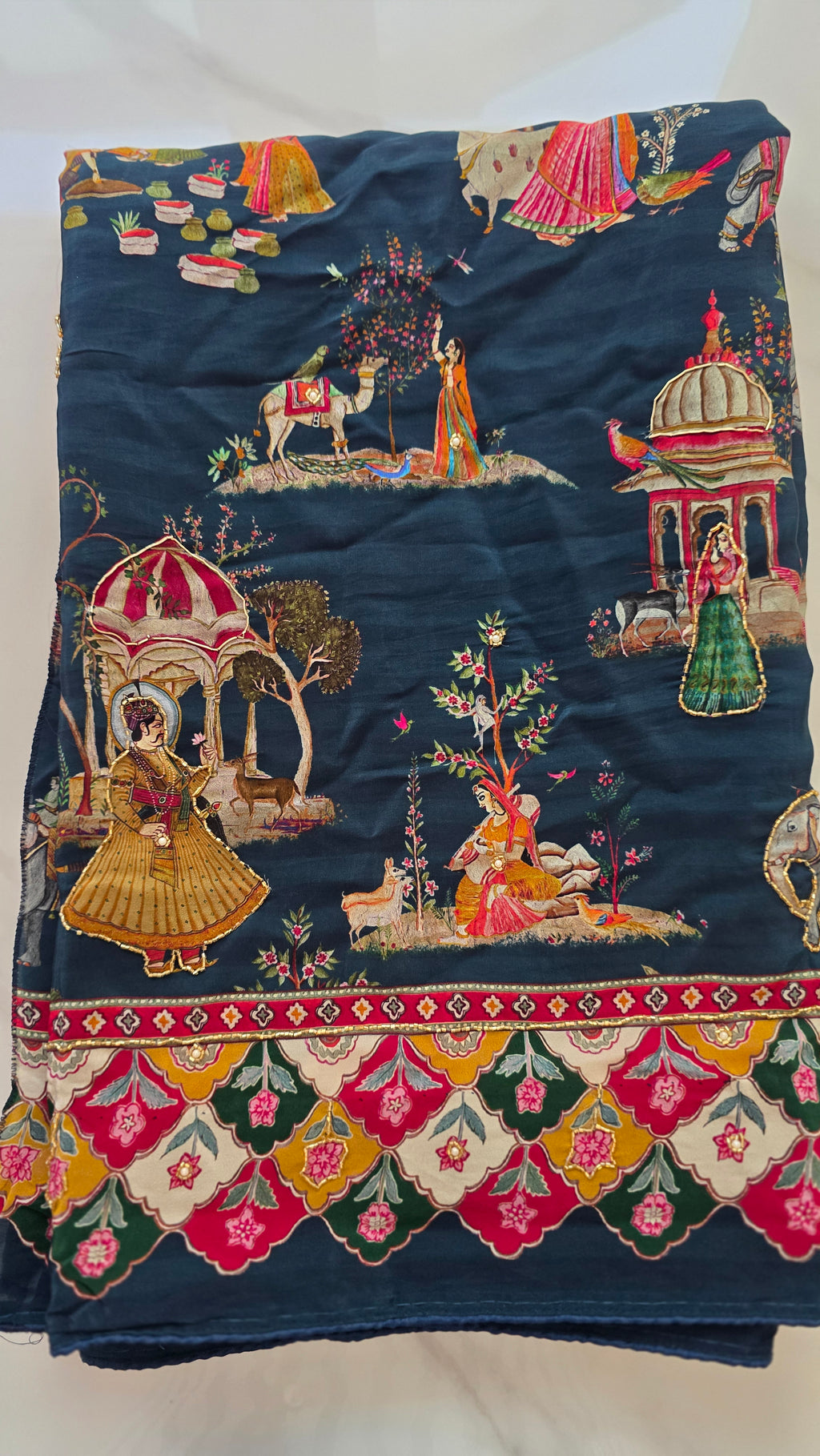 Womens Pure Crape Silk Tribal Art Sarees With Cutdana work