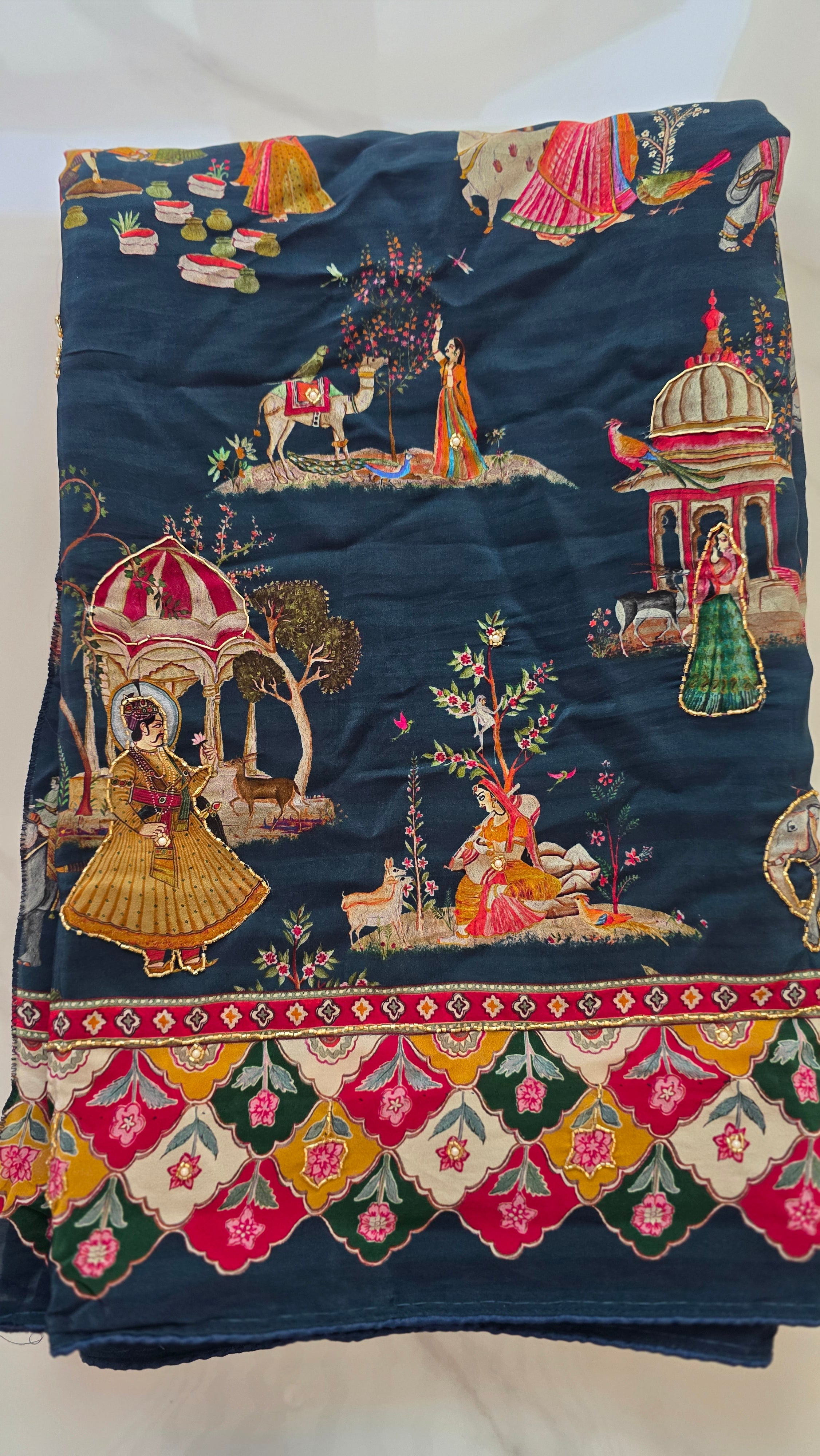 Womens Pure Crape Silk Tribal Art Sarees With Cutdana work