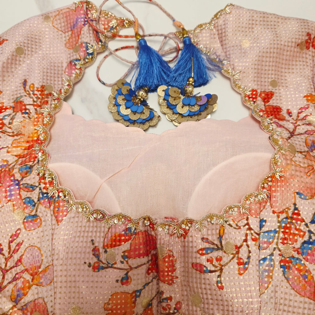 Rote Chanderi Tissue-Streifen-Saree mit geblümter Designer-Bluse