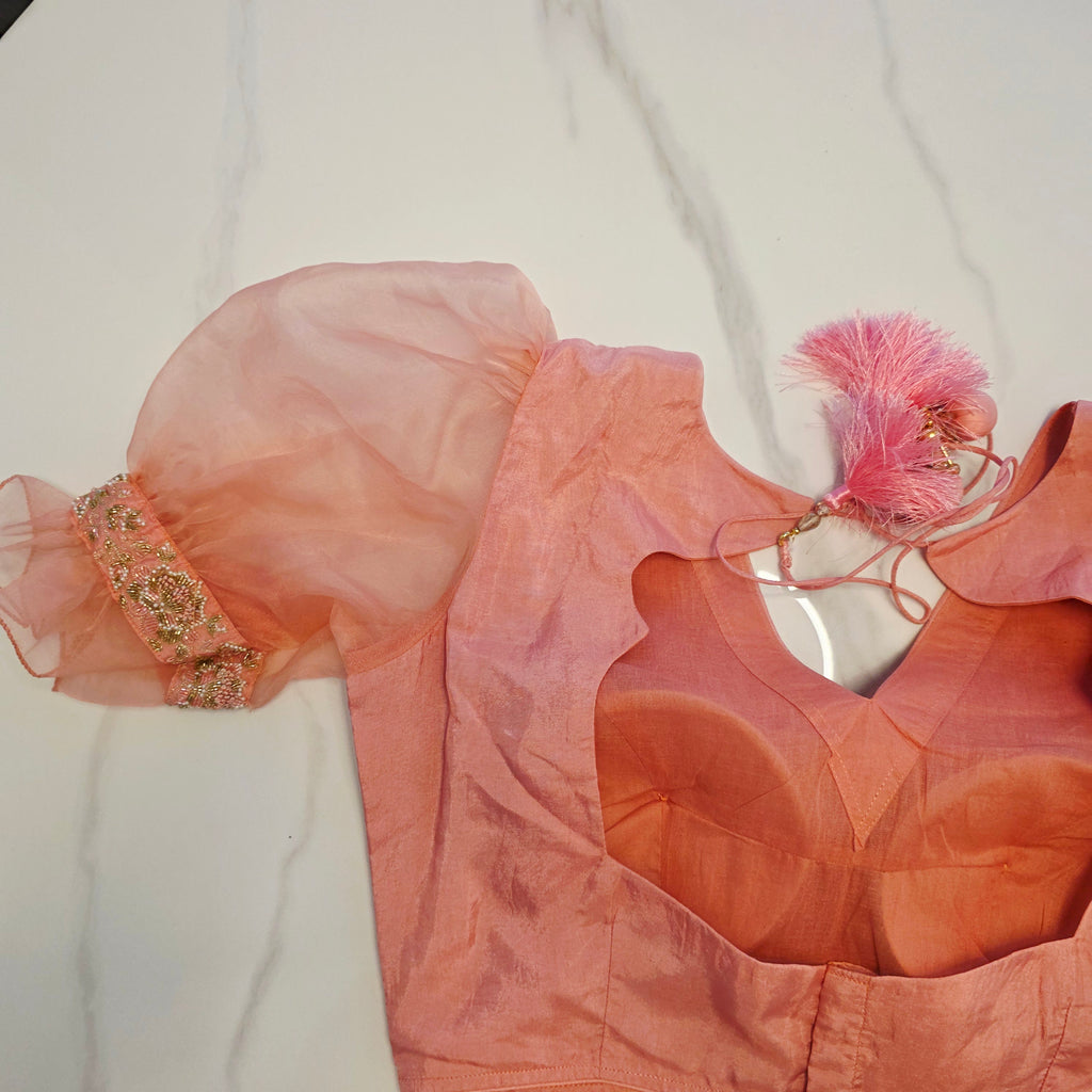 Pink and Blue Designer Saree with trending sleeves blouse.